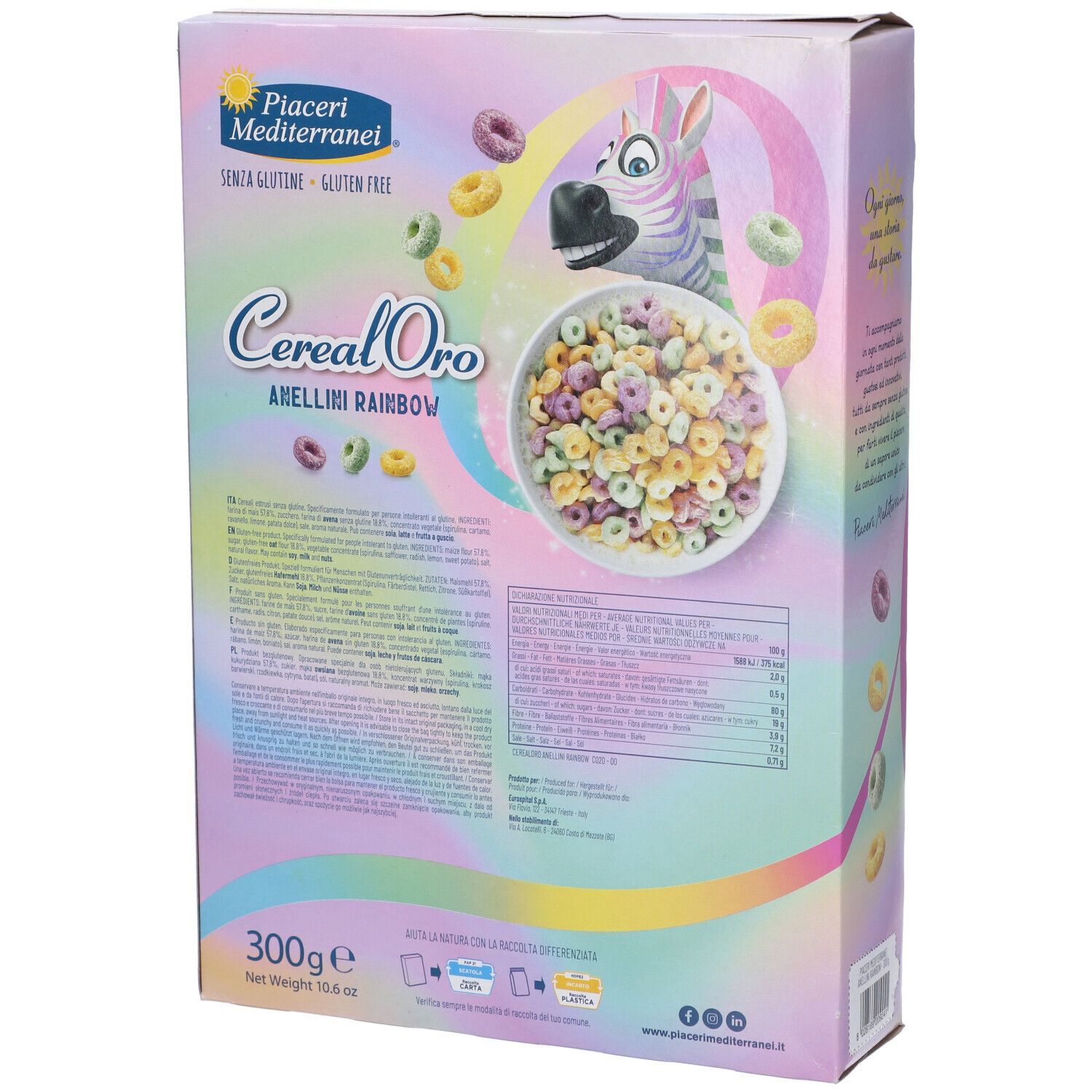 Rückseite der Piaceri Mediterranei Cereal Oro Anellini Rainbow Verpackung. Text, Nährwertangaben. Glutenfrei.