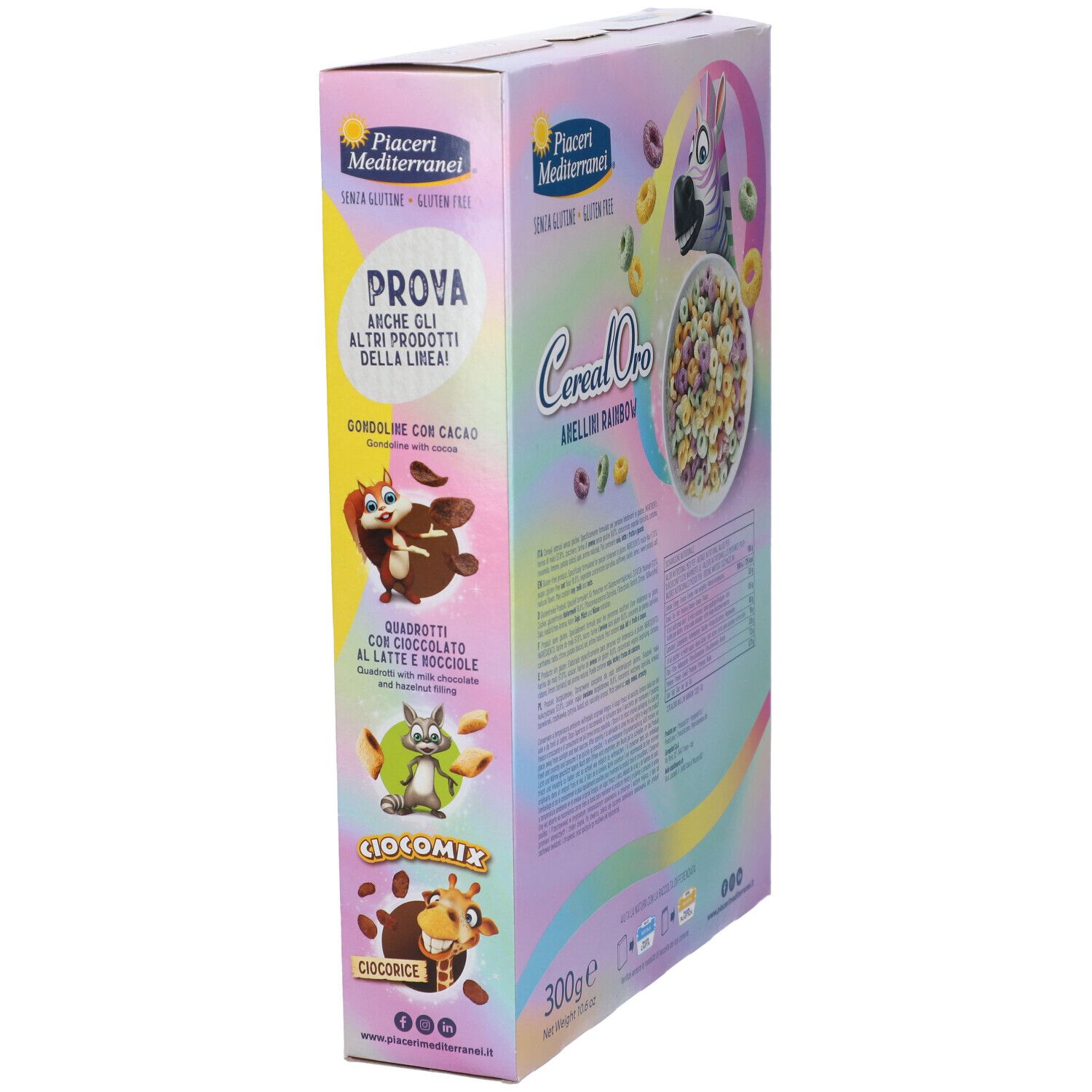 Piaceri Mediterranei Cereal Oro Anellini Rainbow Verpackung. Seitenansicht mit Produktabbildungen. Glutenfrei.