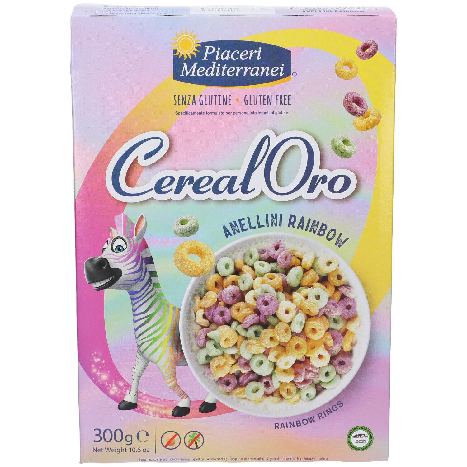 Piaceri Mediterranei Cereal Oro Anellini Rainbow Verpackung. Vorderansicht. Bunte Ringe in Schüssel. Glutenfrei.