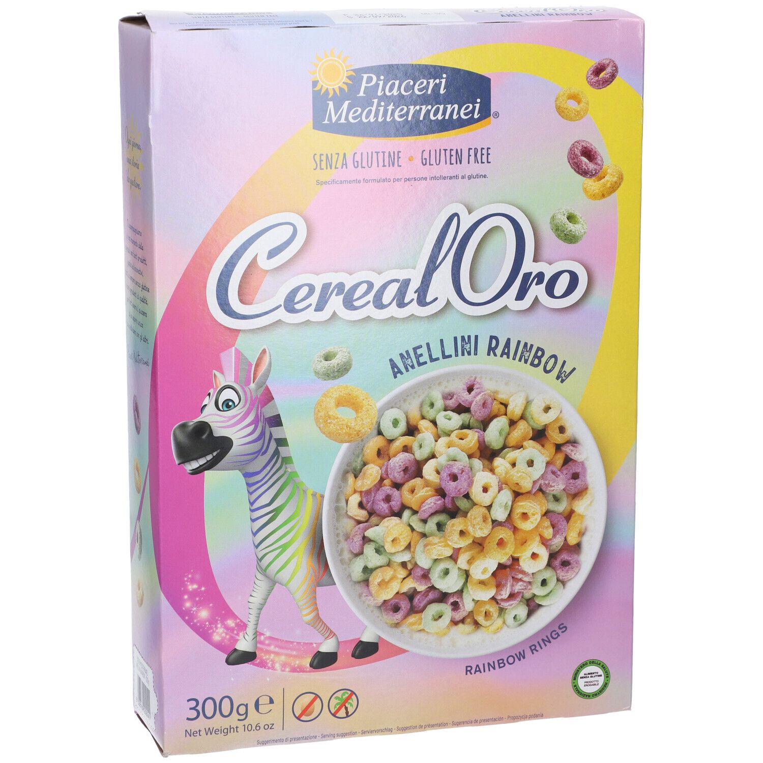 Piaceri Mediterranei Cereal Oro Anellini Rainbow Verpackung. Vorderansicht. Bunte Ringe in Schüssel. Glutenfrei.