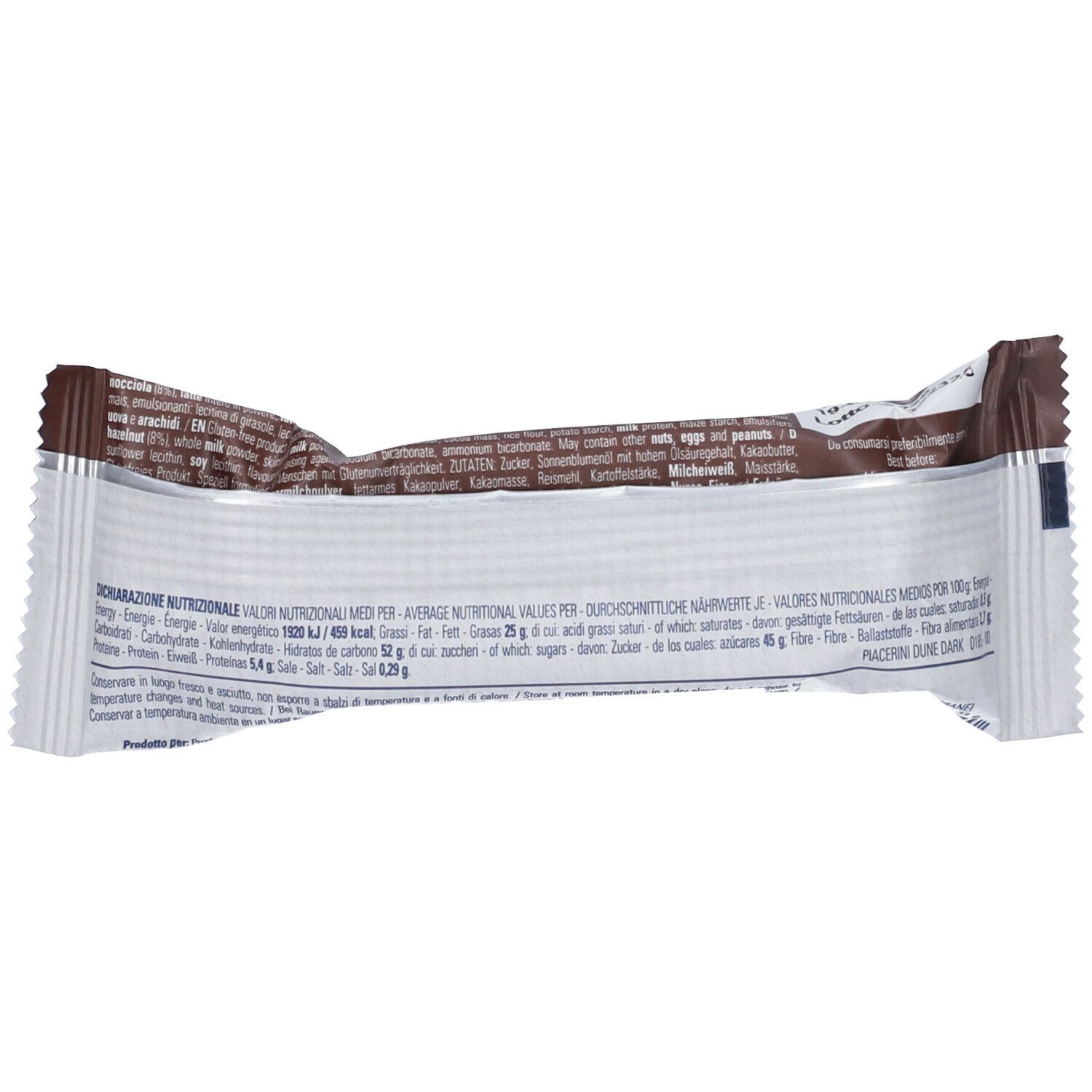 Rückseite eines Piacerini Dune Dark Riegels mit Nährwertangaben.
