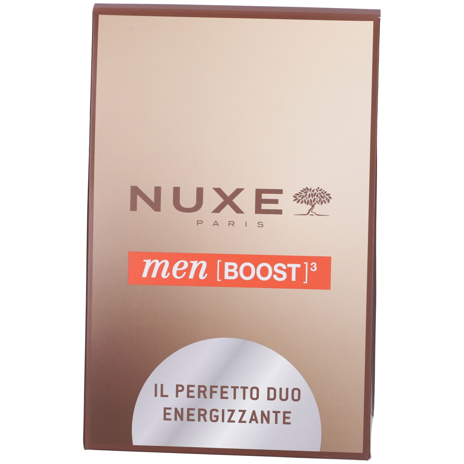 NUXE-Verpackung mit "men [BOOST]³" und "IL PERFETTO DUO ENERGIZZANTE". Beige und braune Farbtöne.