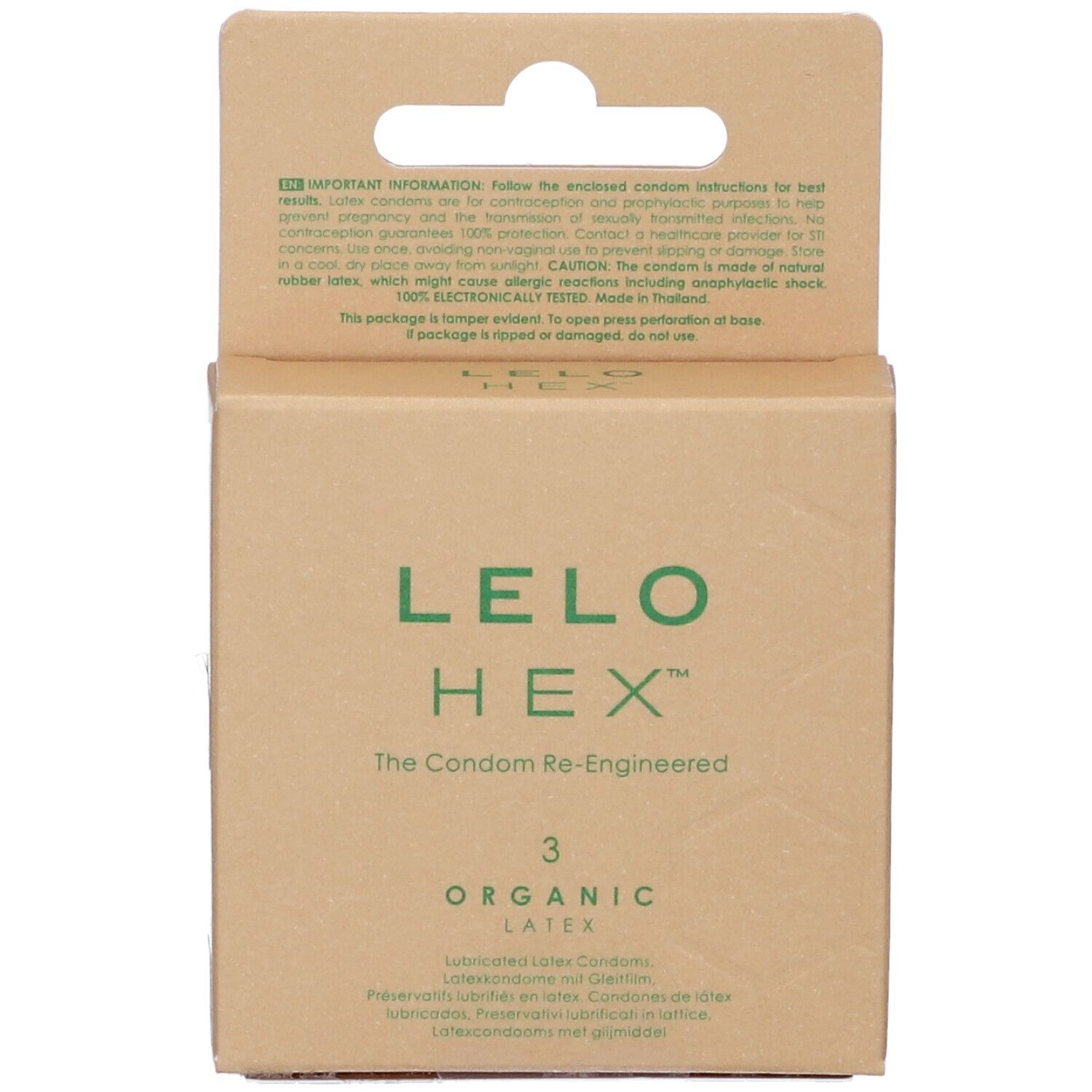 Kartonverpackung LELO HEX mit Text. Enthält 3 Kondome aus Bio-Latex. Aufdruck: The Condom Re-Engineered.