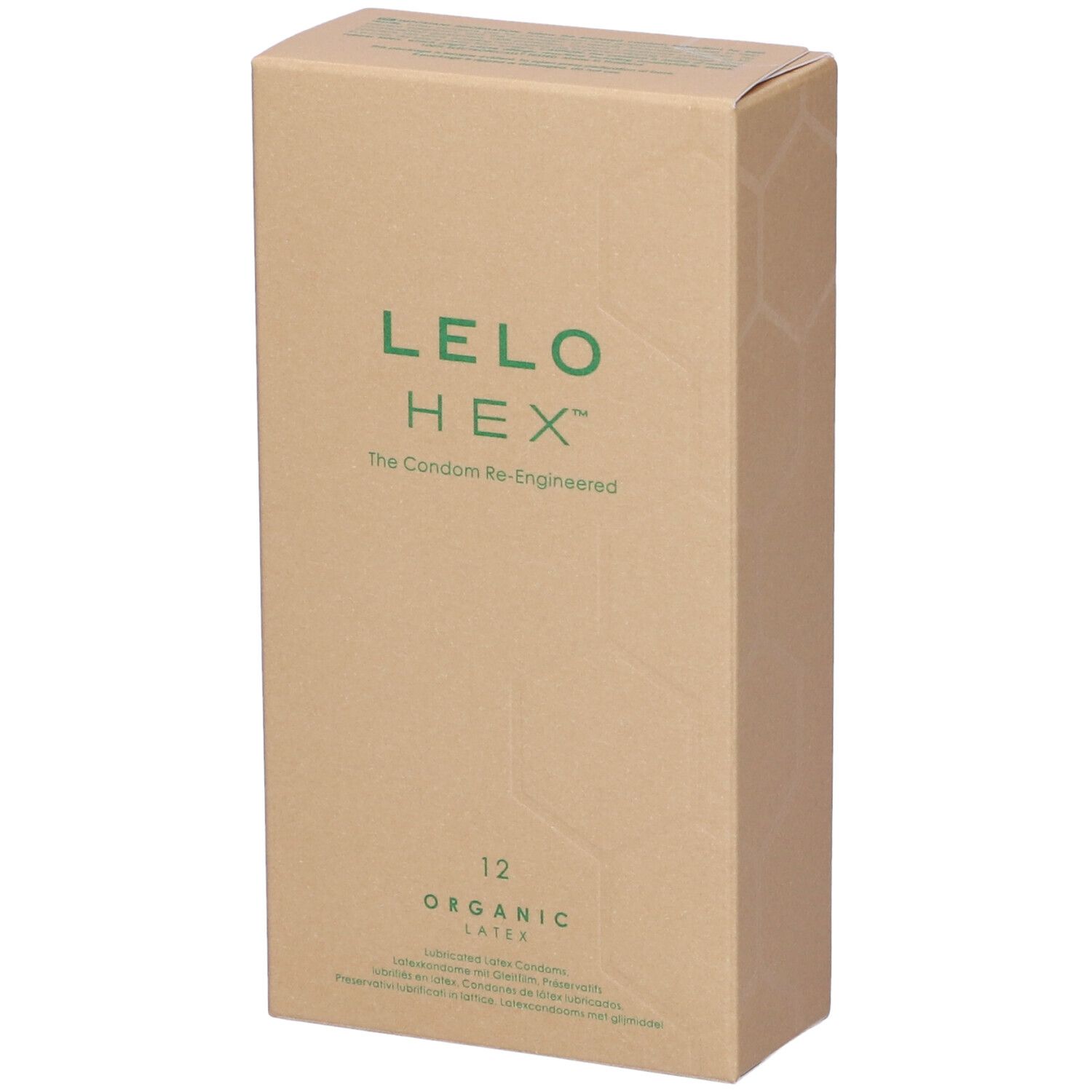 Kartonverpackung mit LELO HEX-Logo und der Aufschrift "Organic Latex". Enthält 12 Kondome.