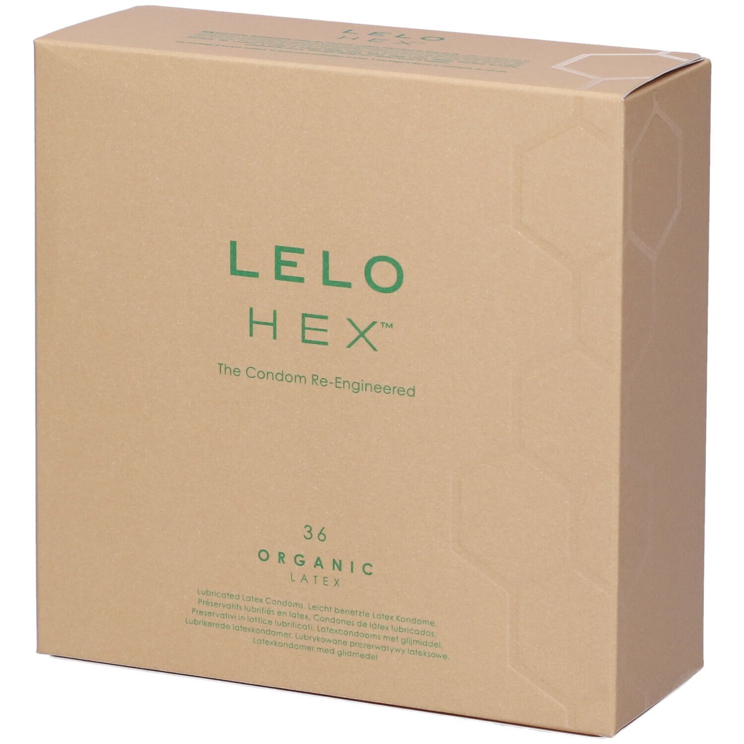Kartonverpackung mit grünem LELO HEX Logo. Text: 36 Organic Latex. Braune Verpackung.