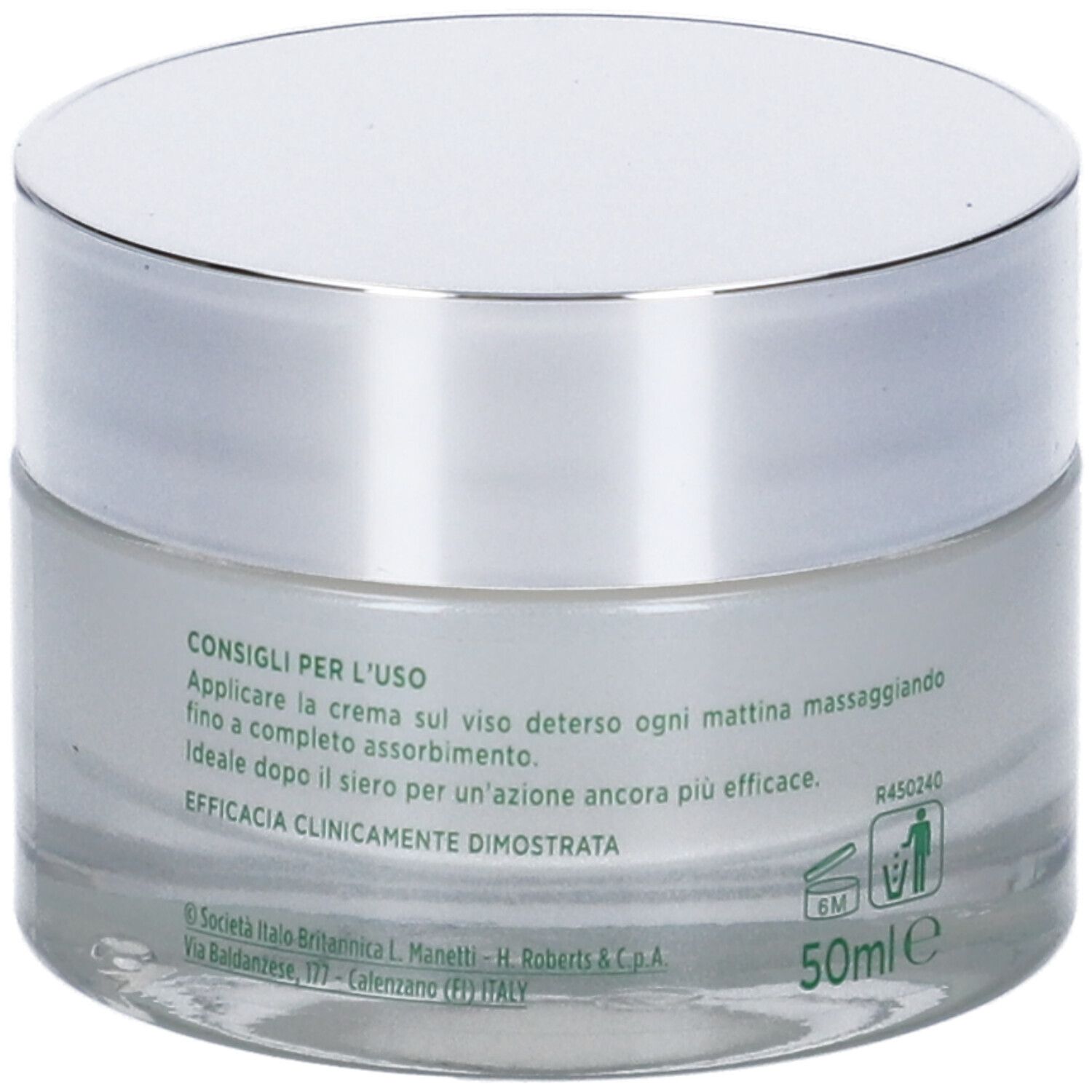 Creme-Glas mit silbernem Deckel. Aufschrift: Antirughe, Lift Effect 4D, Crema Levigante Giorno. Marke: Somatoline SkinExpert. 50ml.