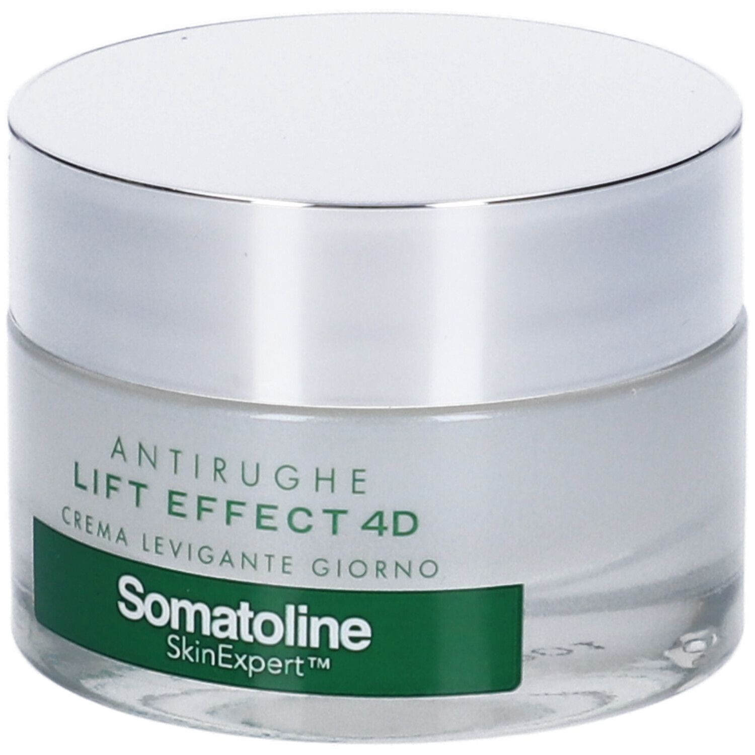 Creme-Glas mit silbernem Deckel. Aufschrift: Antirughe, Lift Effect 4D, Crema Levigante Giorno. Marke: Somatoline SkinExpert.
