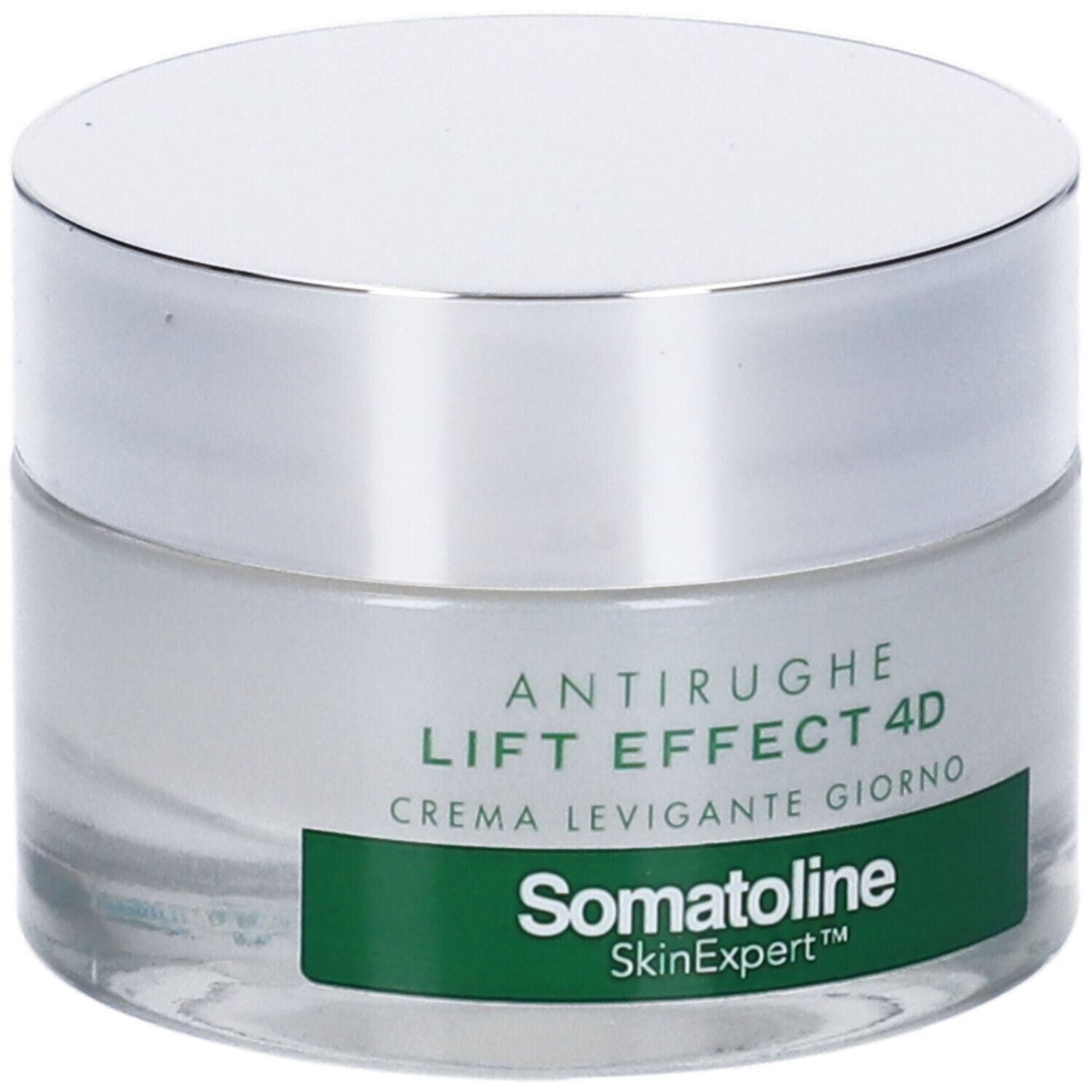 Creme-Glas mit silbernem Deckel. Aufschrift: Antirughe, Lift Effect 4D, Crema Levigante Giorno. Marke: Somatoline SkinExpert.