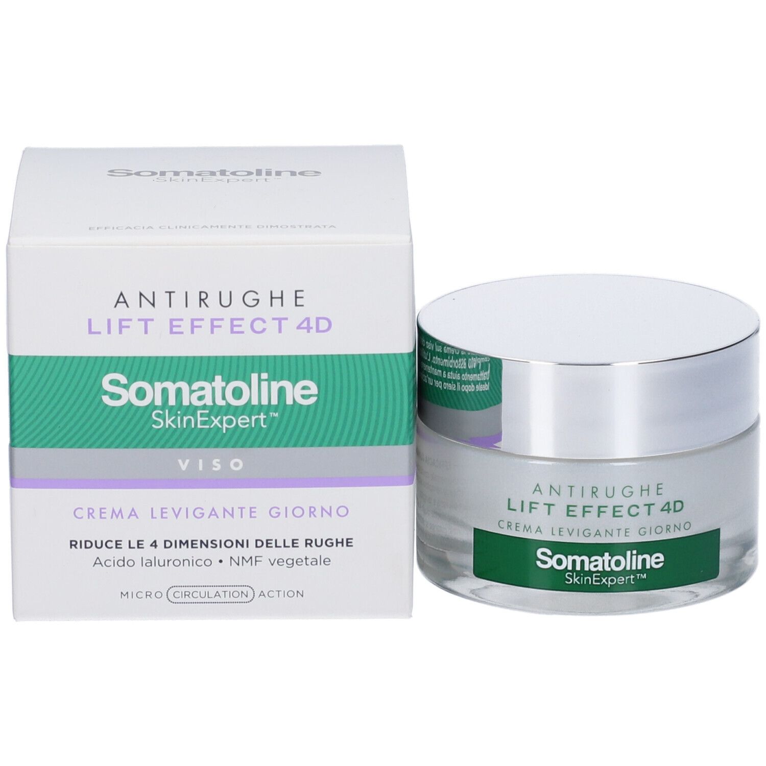 Produktverpackung und Creme-Glas. Aufschrift: Antirughe, Lift Effect 4D, Crema Levigante Giorno. Marke: Somatoline SkinExpert.