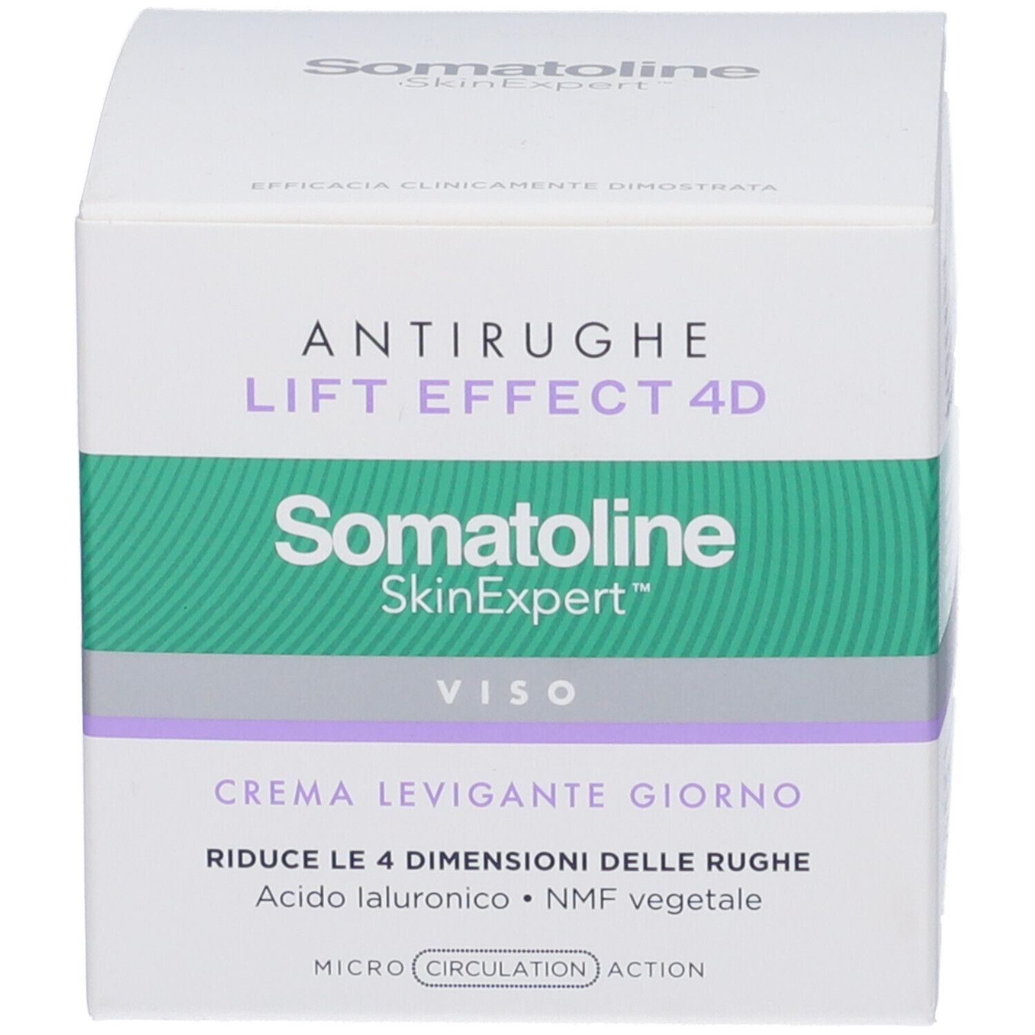 Produktverpackung. Aufschrift: Antirughe, Lift Effect 4D, Crema Levigante Giorno. Marke: Somatoline SkinExpert.