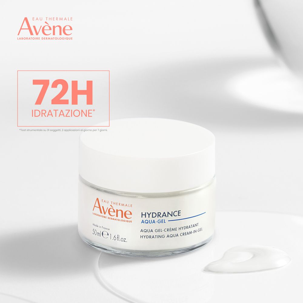 Creme-Glas mit weißem Deckel. Aufschrift: Eau Thermale Avène, Hydrance Aqua-Gel. 50 ml.