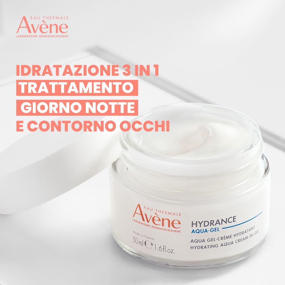 Creme-Glas mit weißem Deckel. Aufschrift: Eau Thermale Avène, Hydrance Aqua-Gel. 50 ml.