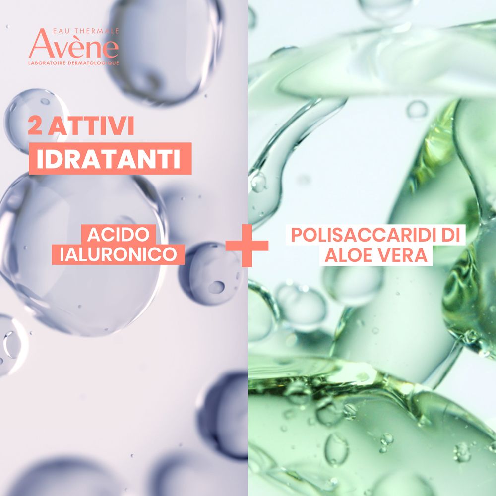 Zwei Flüssigkeiten mit Blasen. Text: Acido Ialuronico + Polisaccaridi di Aloe Vera.