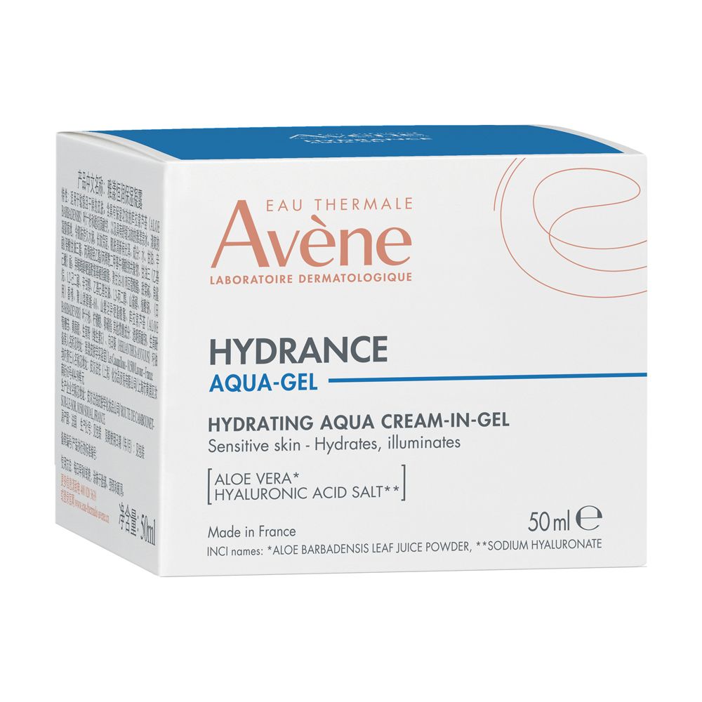 Weiße Schachtel mit blauem Deckel. Aufschrift: Eau Thermale Avène, Hydrance Aqua-Gel. 50 ml.