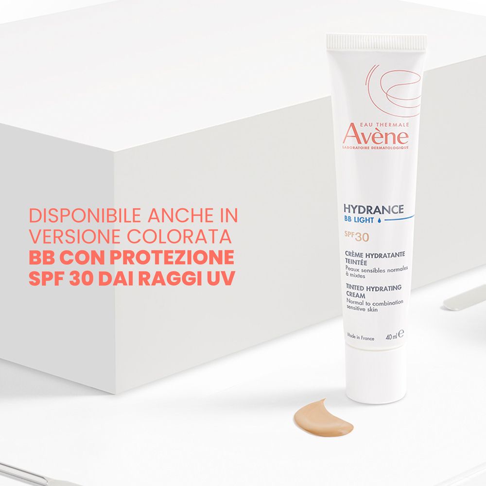 Tube Avene Hydrance leichte Feuchtigkeitscreme mit einem getönten Klecks Creme.