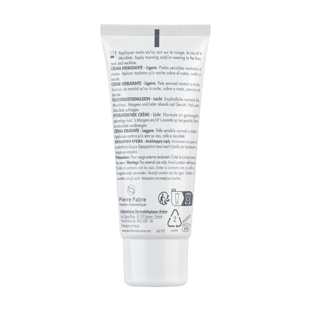 Rückseite einer Tube Avene Hydrance leichte Feuchtigkeitscreme mit Text.