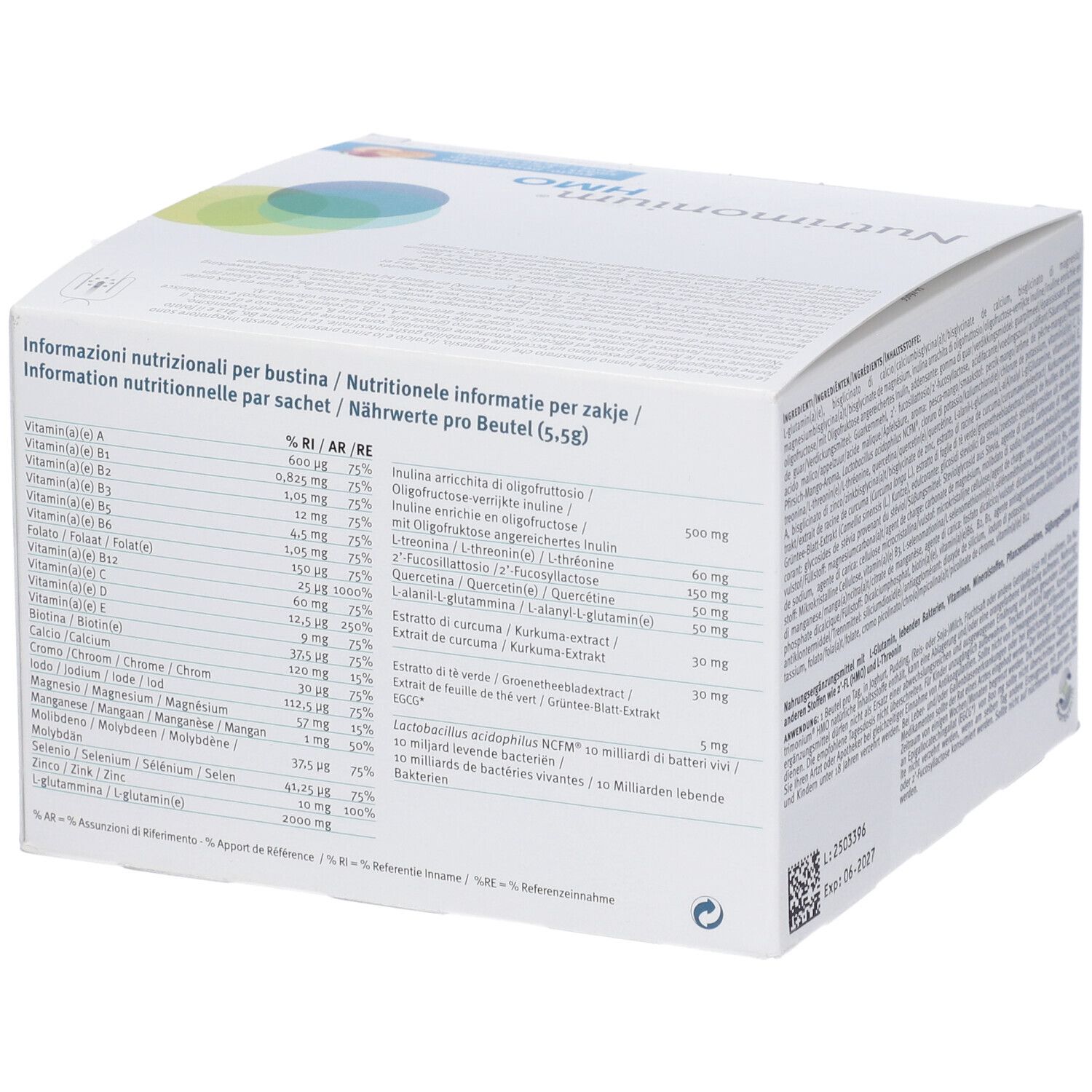 Rückseite der weißen Produktverpackung. Enthält Nährwertangaben pro Beutel. Metagenics-Logo.