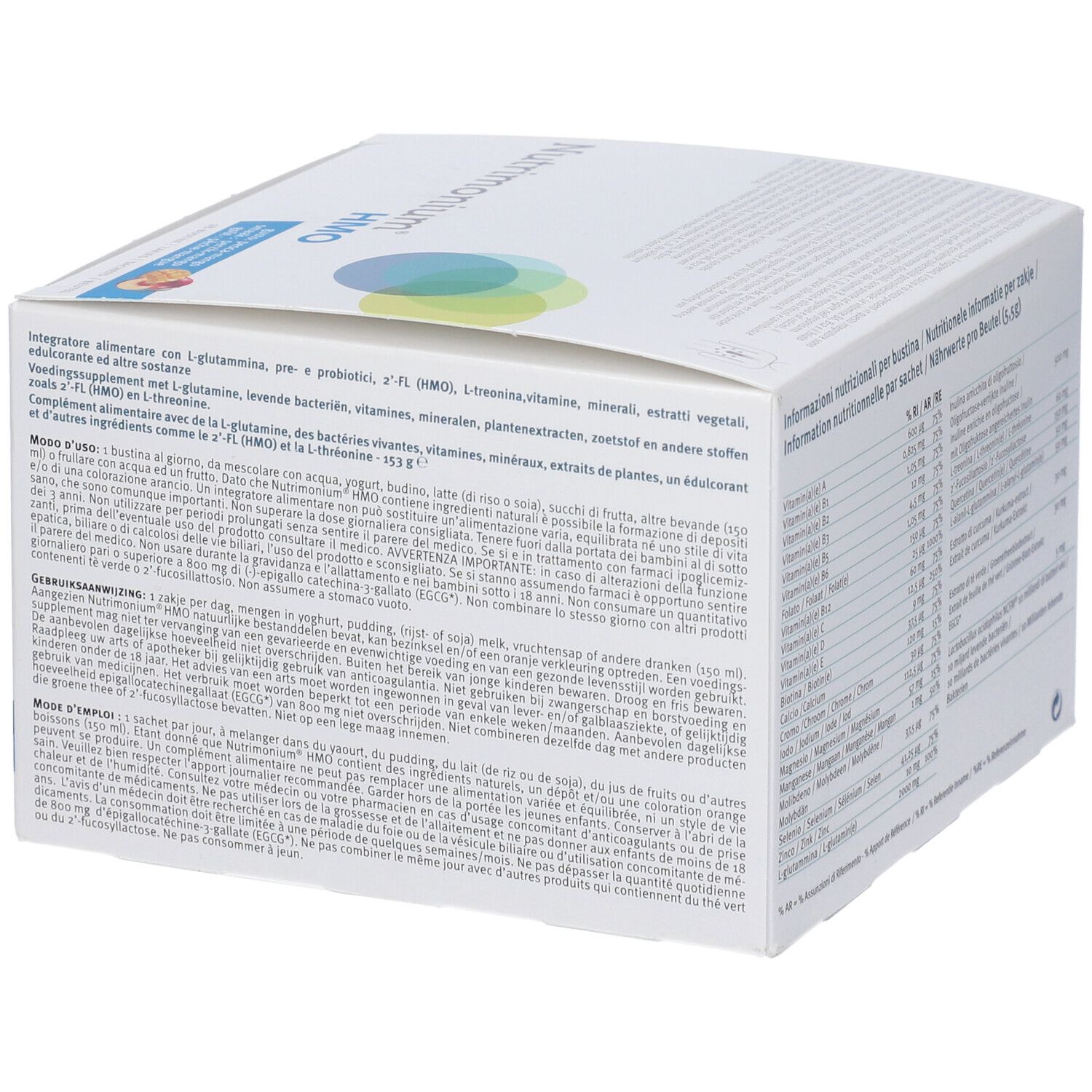 Rückseite der weißen Produktverpackung. Enthält Anwendungshinweise und Warnhinweise. Metagenics-Logo.
