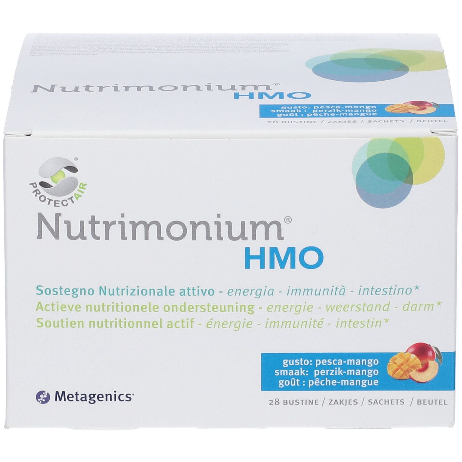 Weißer Karton mit Produktnamen und HMO-Logo. Enthält 28 Beutel. Geschmack: Pfirsich-Mango. Metagenics-Logo.