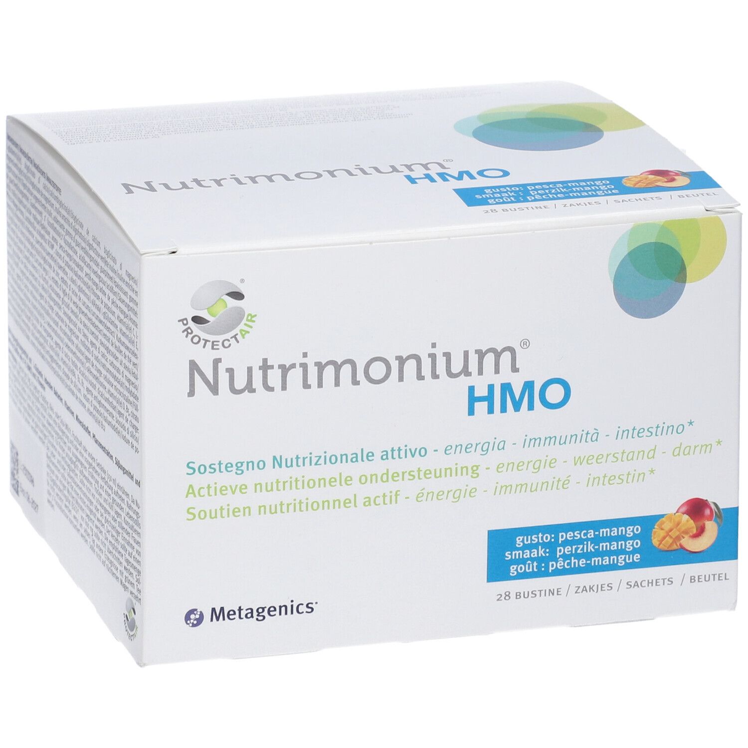 Weißer Karton mit Produktnamen und HMO-Logo. Enthält 28 Beutel. Geschmack: Pfirsich-Mango. Metagenics-Logo.