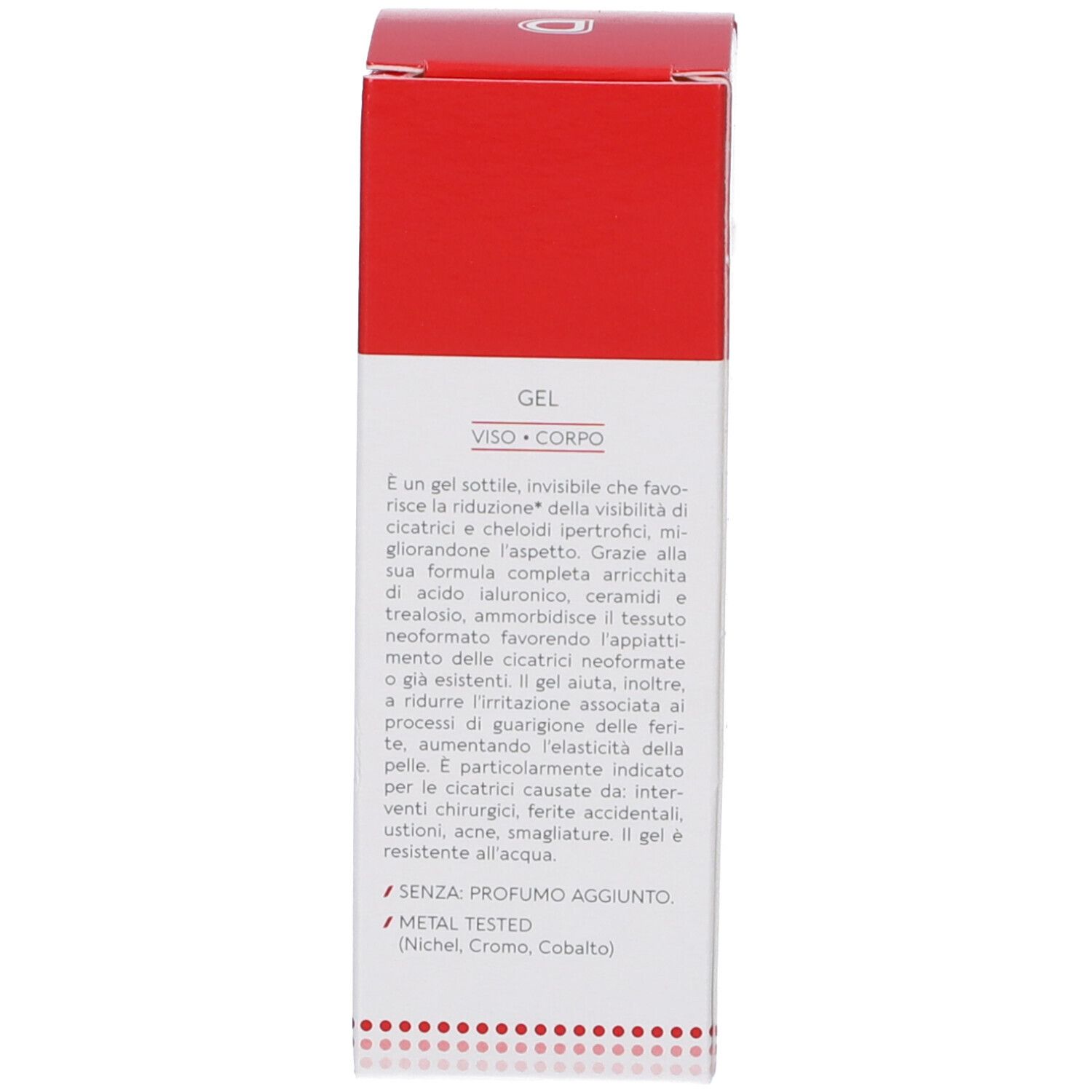 Seitenansicht der Dermovitamina Cicatrici Gel Verpackung mit Produktbeschreibung