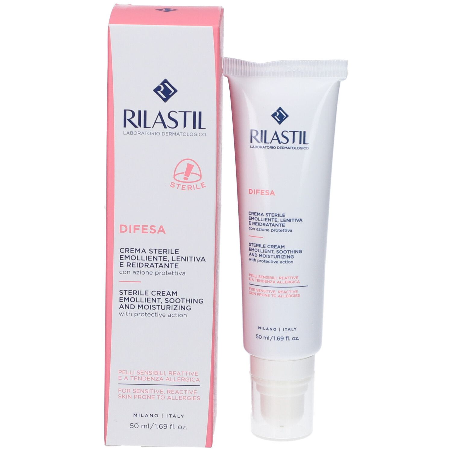 Produktverpackung. Tube und Schachtel. Rilastil-Logo und Produktname. Text: Difesa Crema Sterile Emolliente Lenitiva Reidratante.