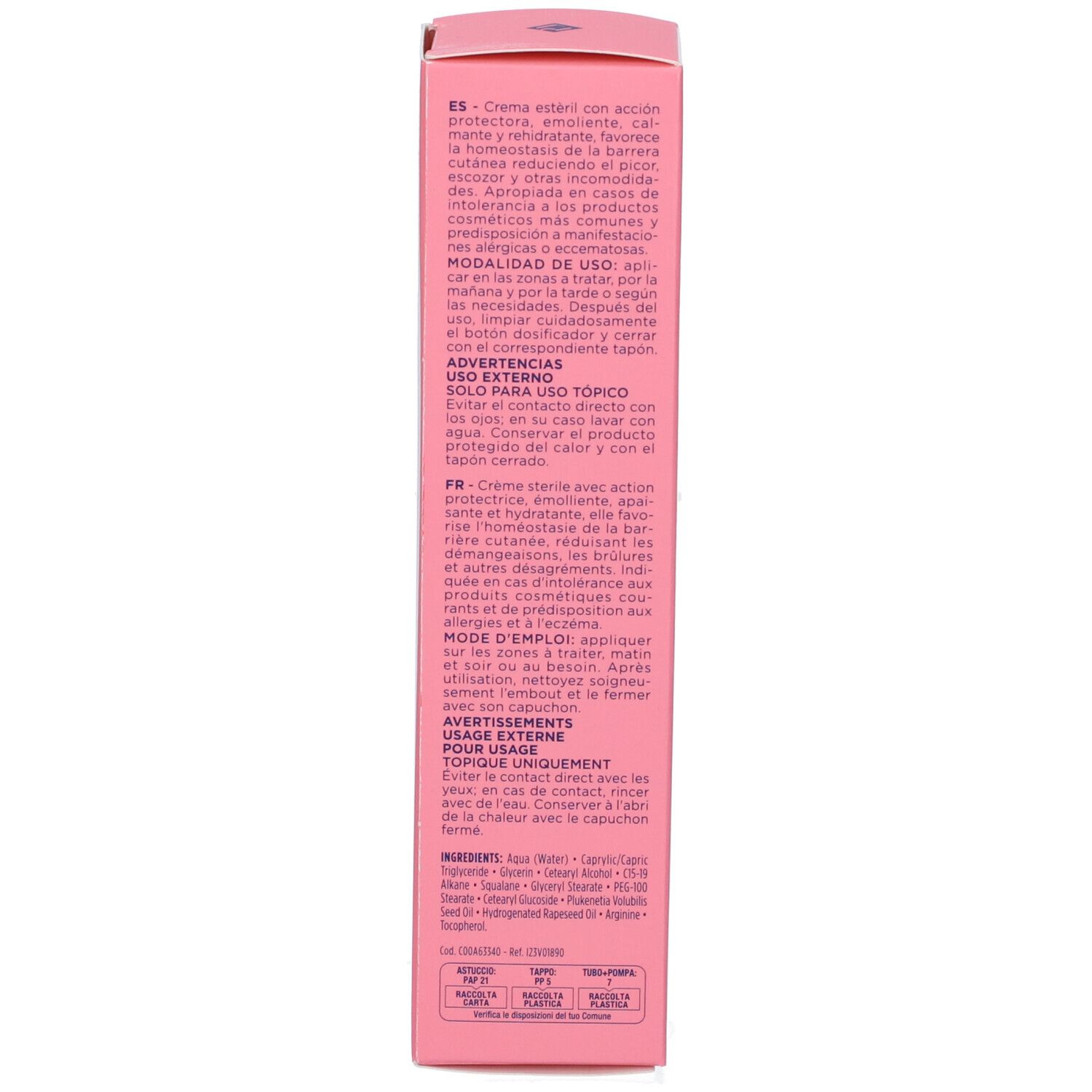 Rückseite der Produktverpackung. Text in mehreren Sprachen. Informationen zur Anwendung und Warnhinweise. Rosa Schachtel.