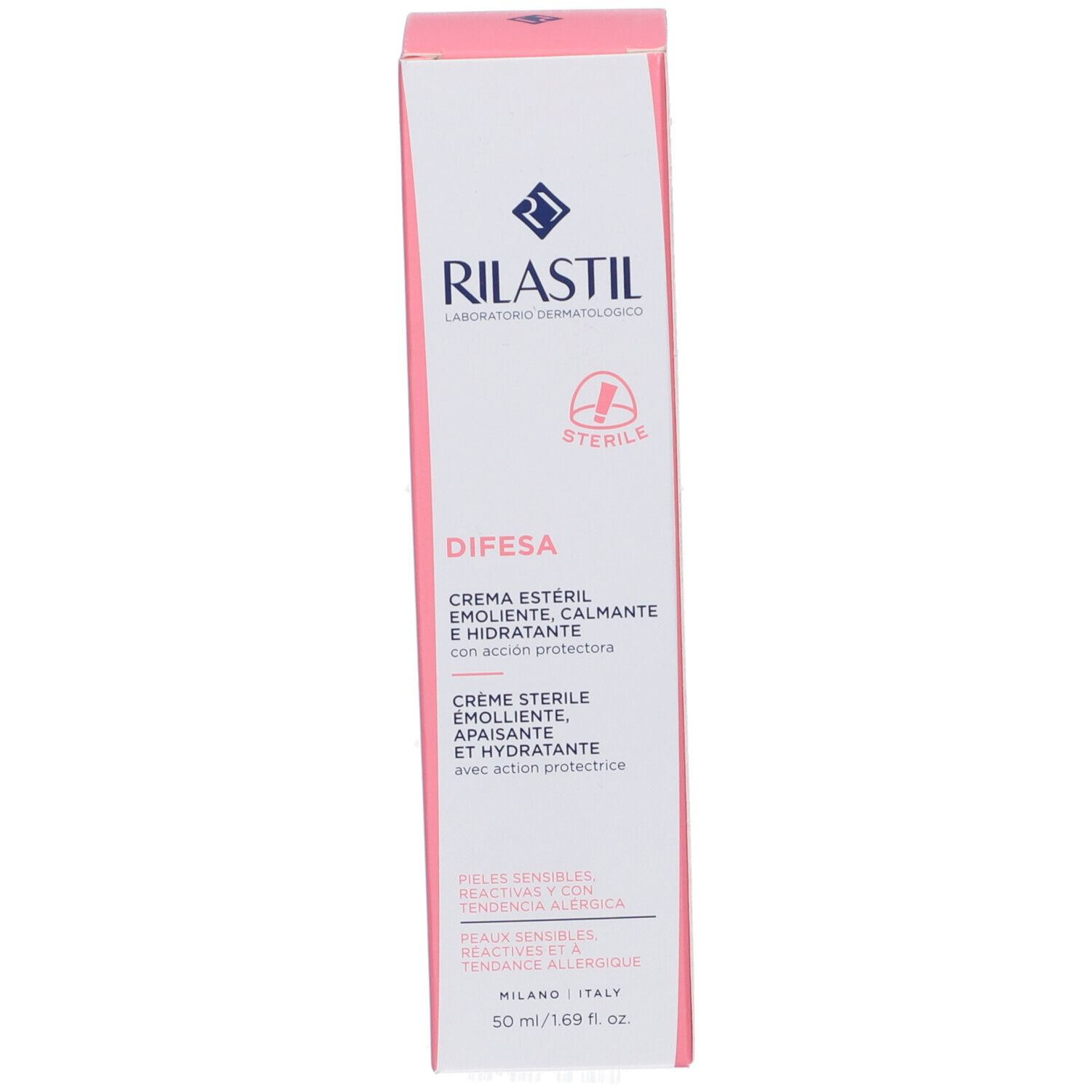Produktverpackung. Rosa Schachtel mit Produktinformationen. Rilastil-Logo und Produktname. Text: Difesa Crema Sterile Emolliente.