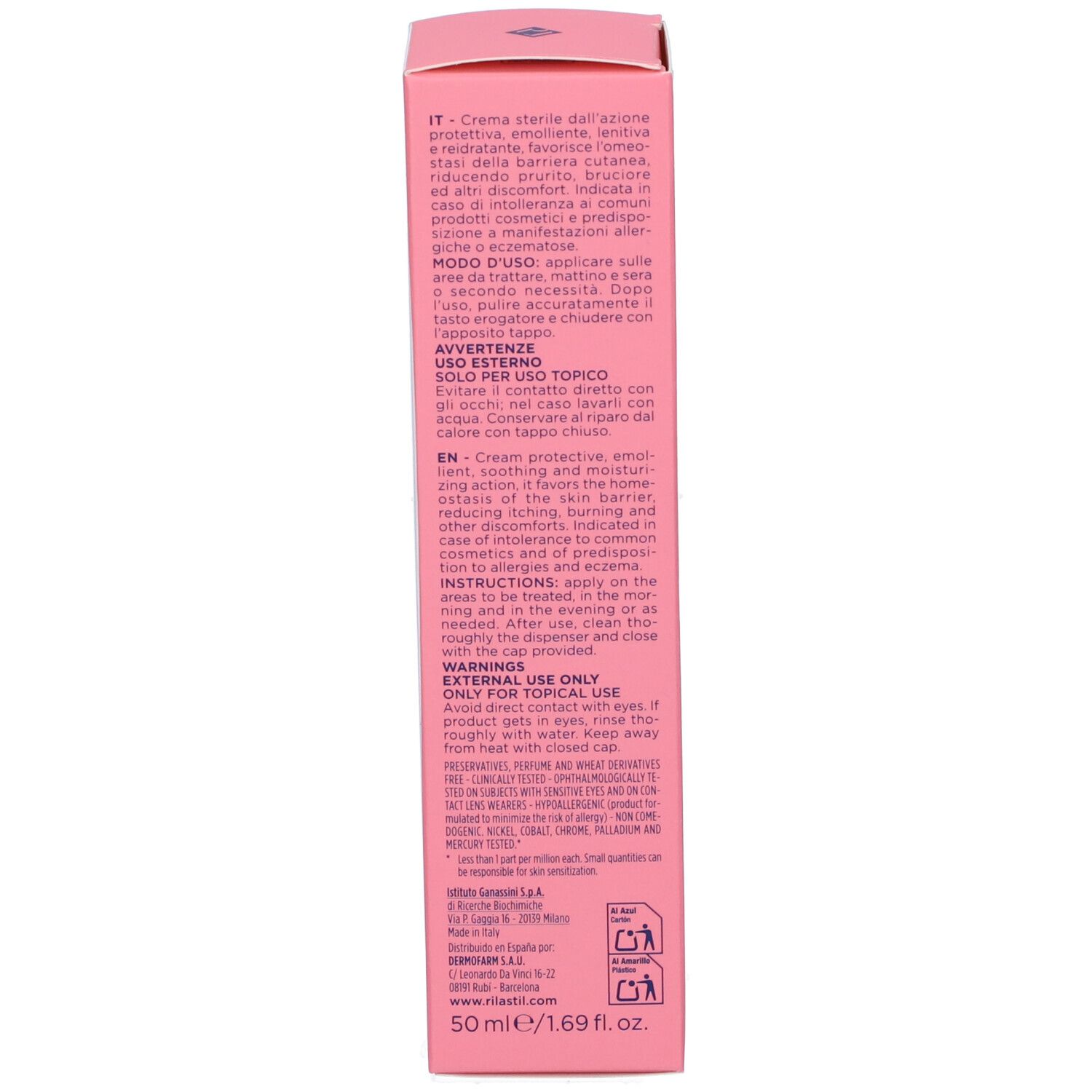 Rückseite der Produktverpackung. Text in mehreren Sprachen. Informationen zur Anwendung und Warnhinweise. Rosa Schachtel.