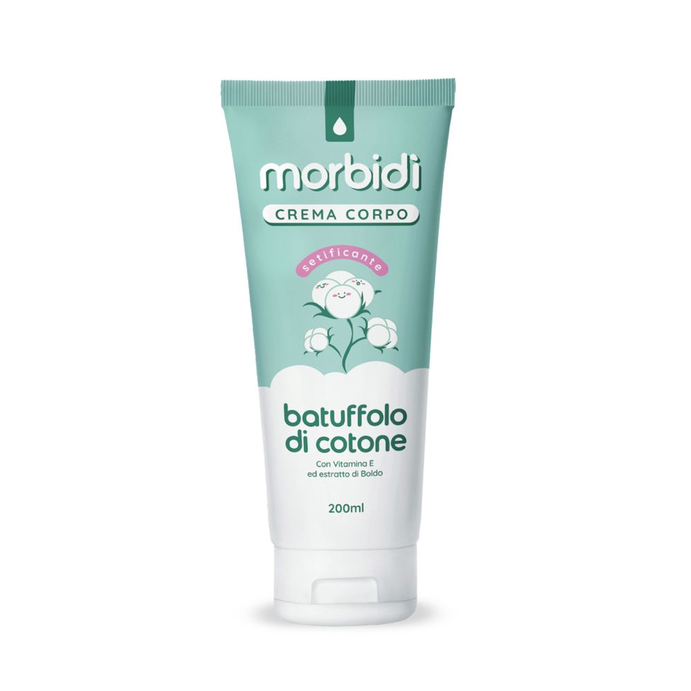 Tubo verde con tappo bianco. Scritta: Morbidi Crema Corpo, Batuffolo di Cotone. Con vitamina E ed estratto di Buddo.