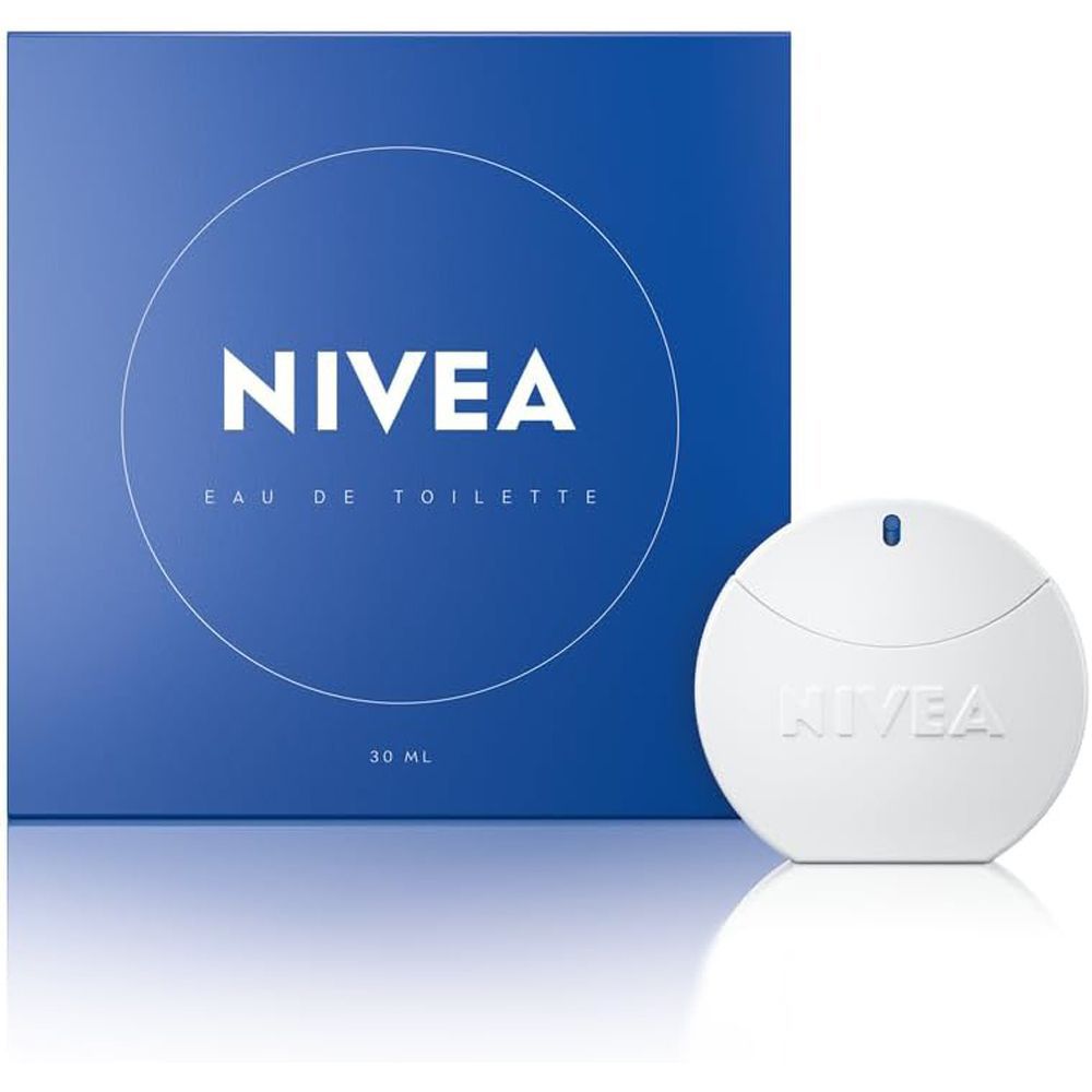 NIVEA Eau de Toilette. Weiße, runde Flasche und blaue Verpackung. Aufschrift: NIVEA Eau de Toilette, 30 ml.