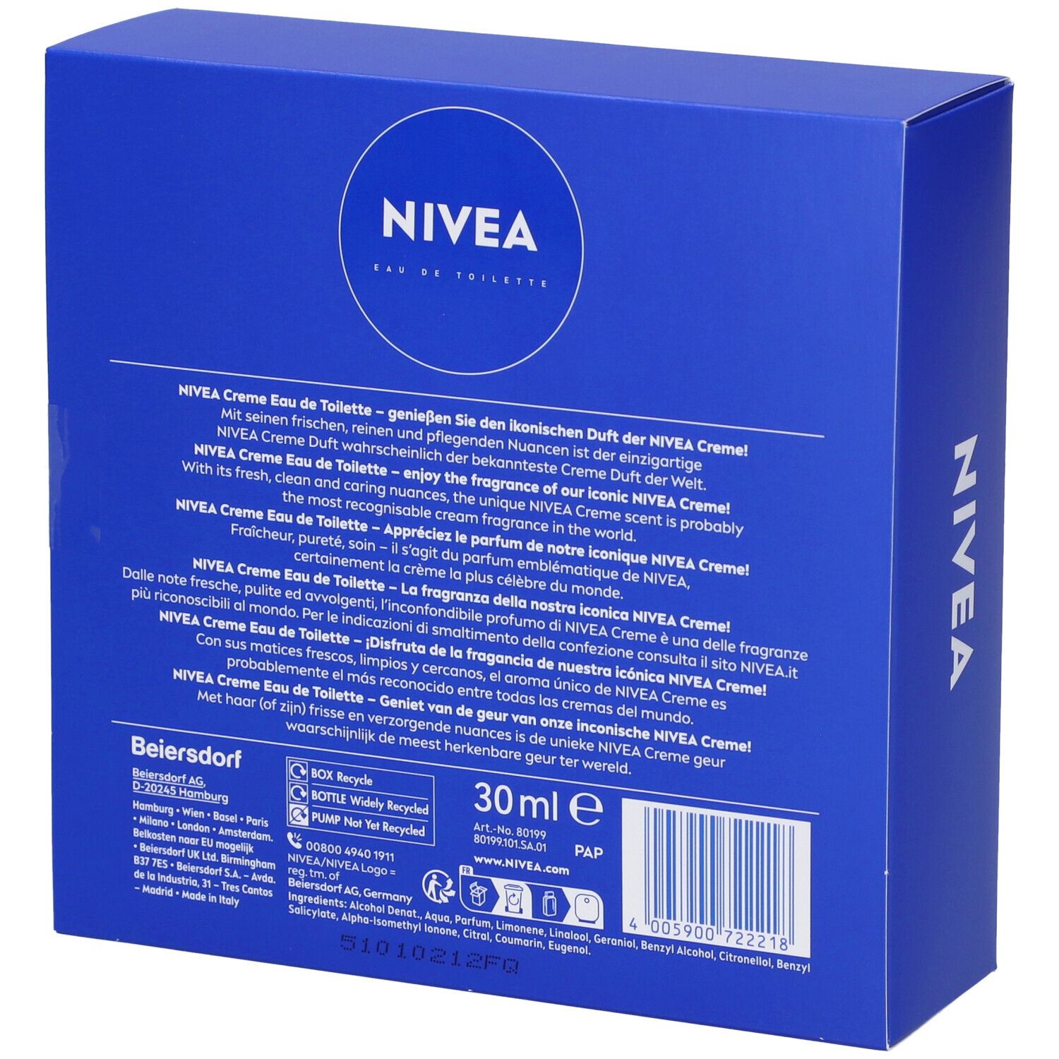 Blaue Verpackung mit NIVEA Eau de Toilette. Auf der Verpackung steht NIVEA Eau de Toilette und 30 ml.