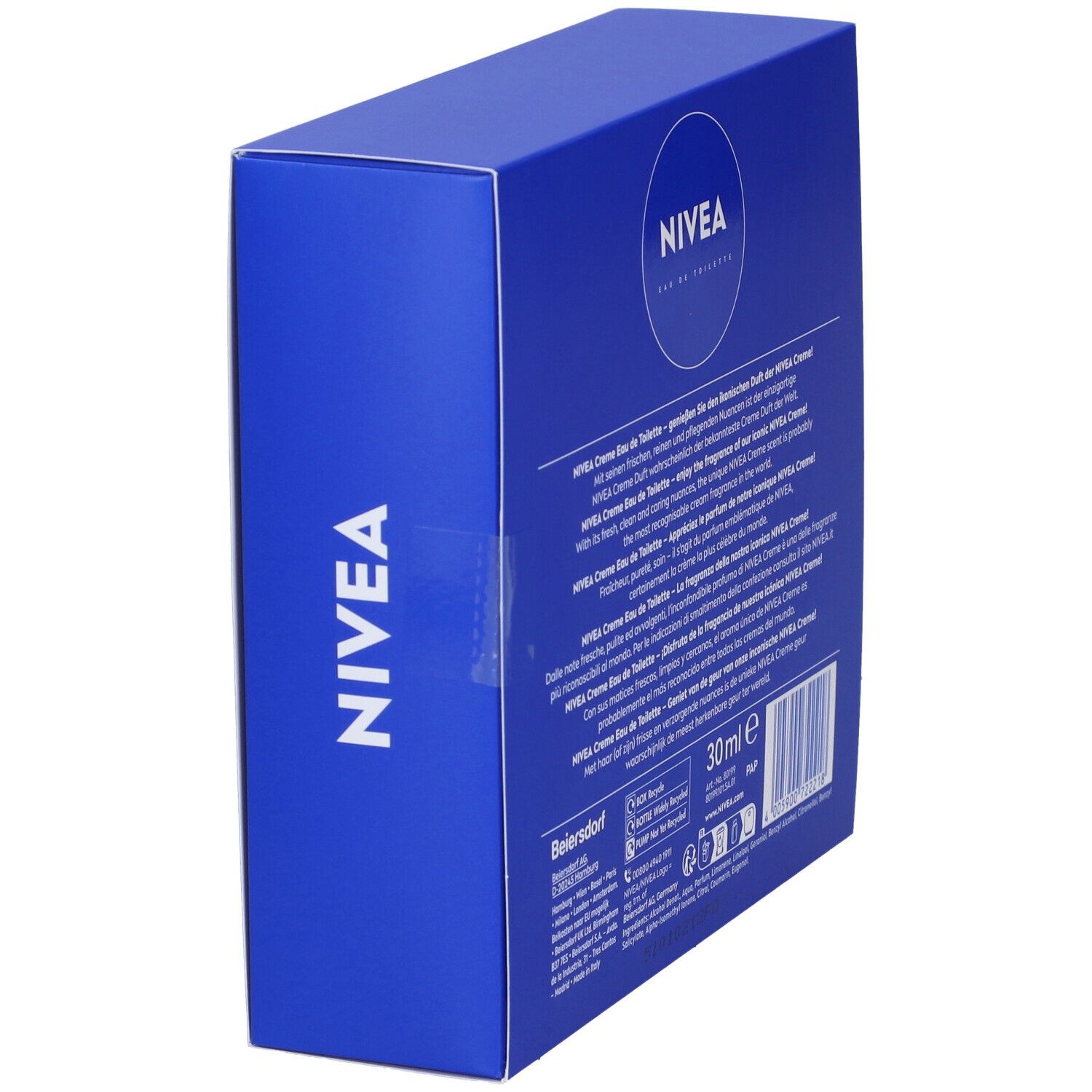 Blaue Verpackung mit NIVEA Eau de Toilette. Auf der Verpackung steht NIVEA Eau de Toilette und 30 ml.