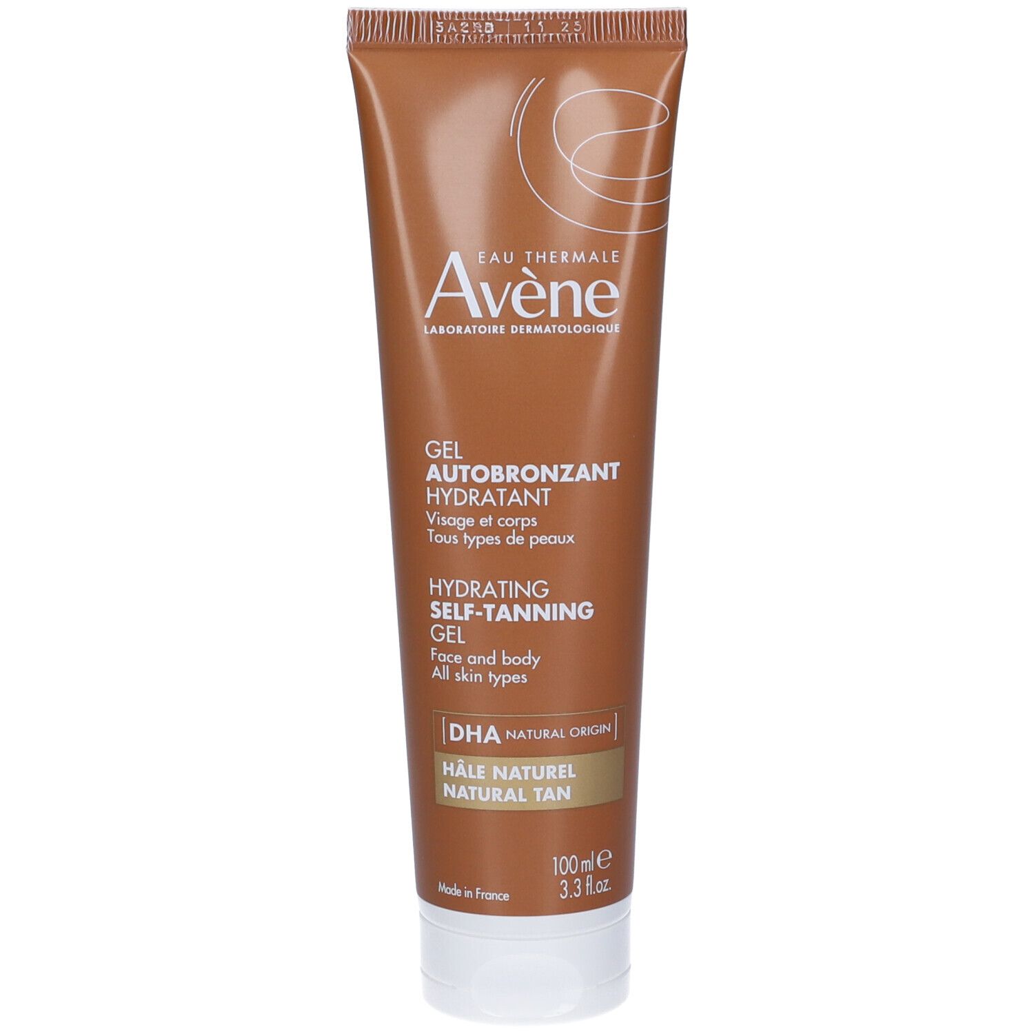 Tubo marrone con tappo bianco. Scritta: Eau Thermale Avène, Gel Autobronzant Hydratant, Hydrating Self-Tanning Gel, 100ml.