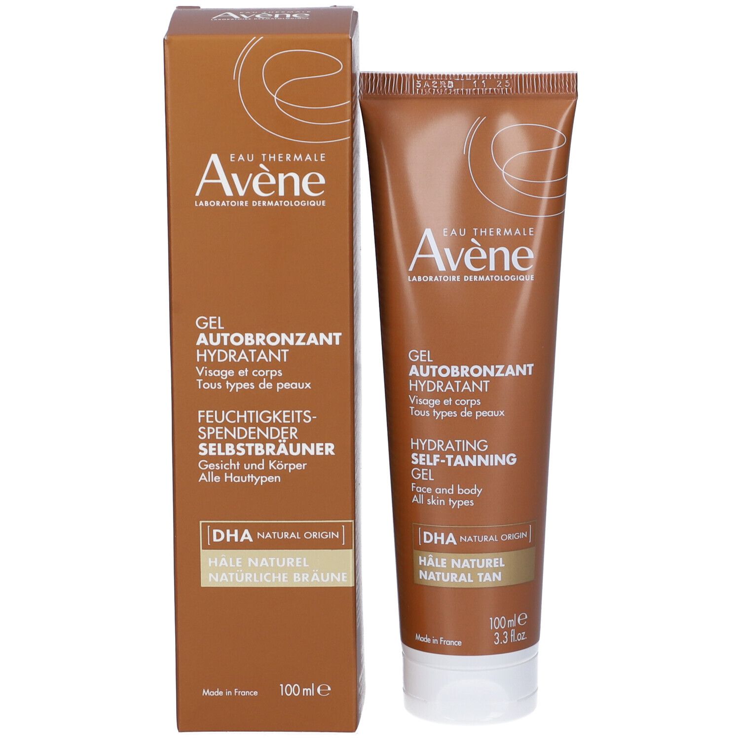 Confezione e tubo. Scritta: Eau Thermale Avène, Gel Autobronzant Hydratant, Feuchtigkeitsspendender Selbstbräuner, 100ml.