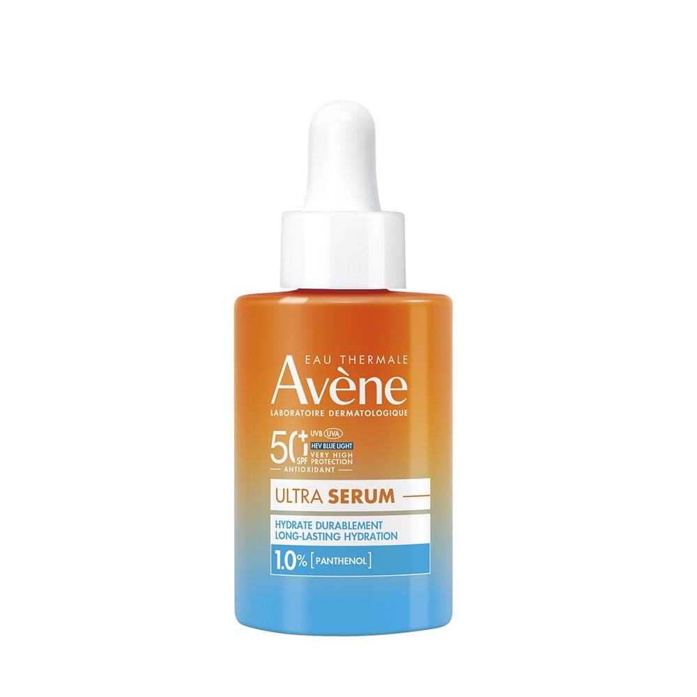 Flacone arancione-blu con tappo bianco. Testo: Eau Thermale Avène, Ultra Serum SPF50+, 1.0% Panthenol.