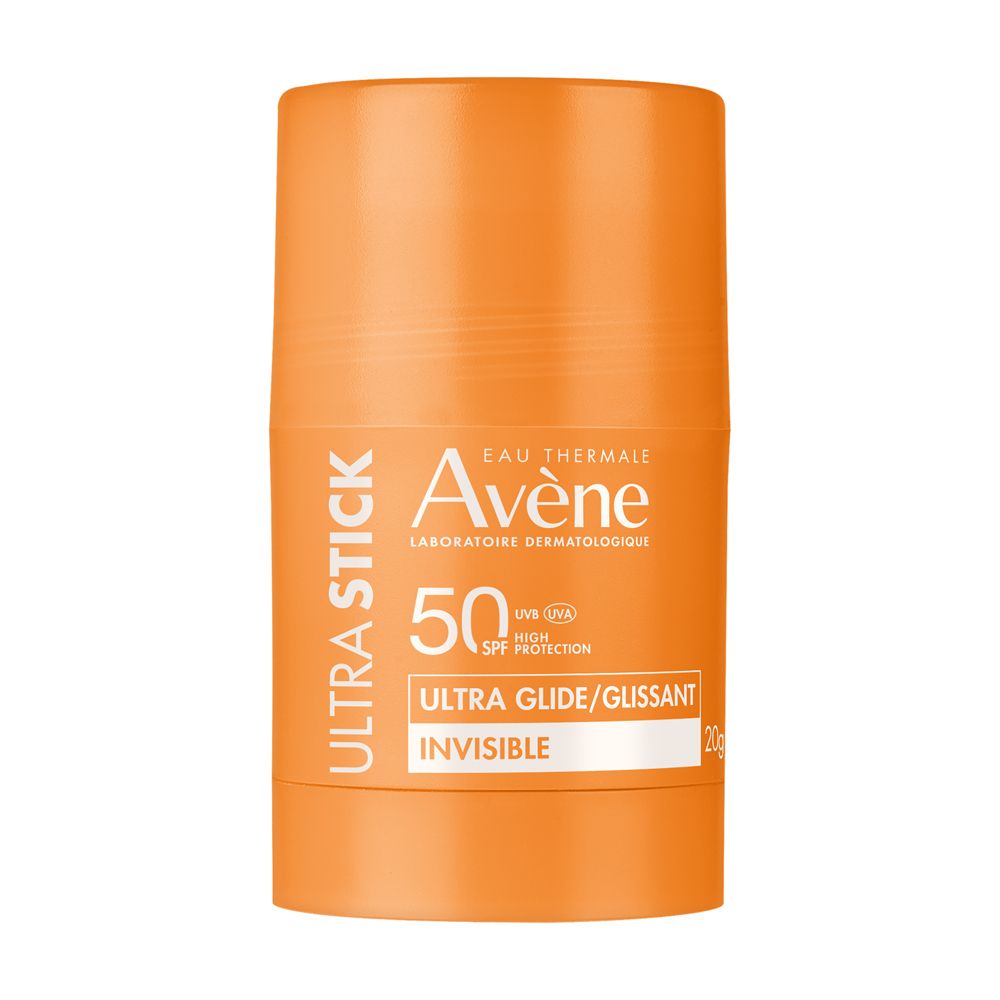 Stick solare arancione. Testo: Ultra Stick, Avène, SPF 50, Ultra Glide, Invisible.