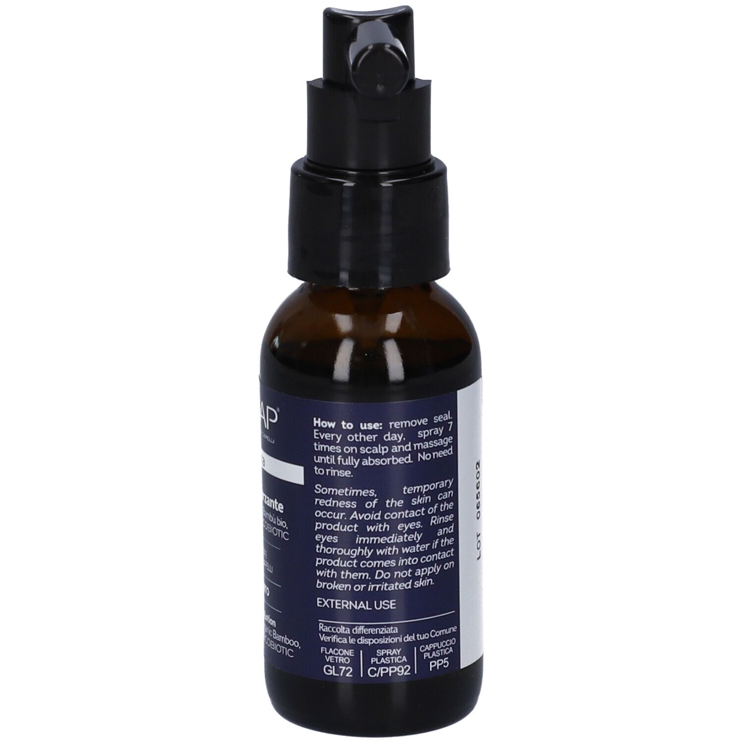 Flacone in vetro marrone con erogatore a pompa nero e beccuccio applicatore. Etichetta con istruzioni per l'uso.