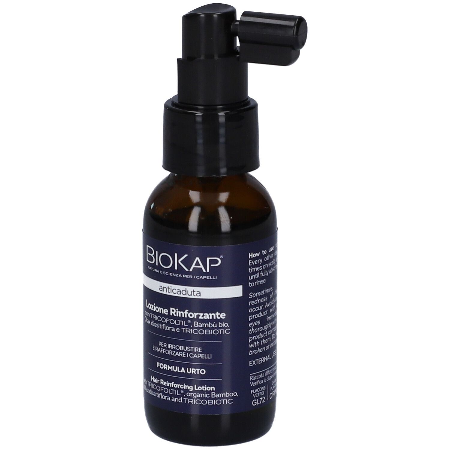 BioKap Lozione Rinforzante anticaduta in flacone di vetro marrone con applicatore spray.