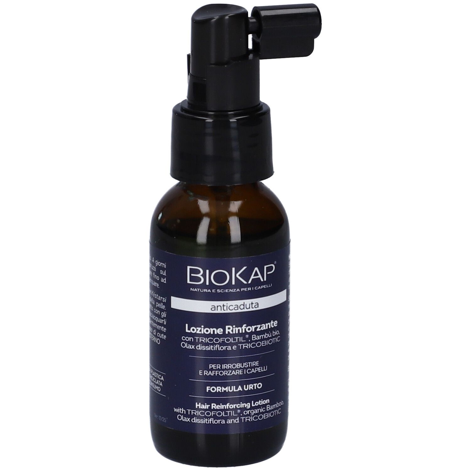 Flacone in vetro marrone scuro con erogatore spray per lozione rinforzante anticaduta. Etichetta 'BIOKAP'.