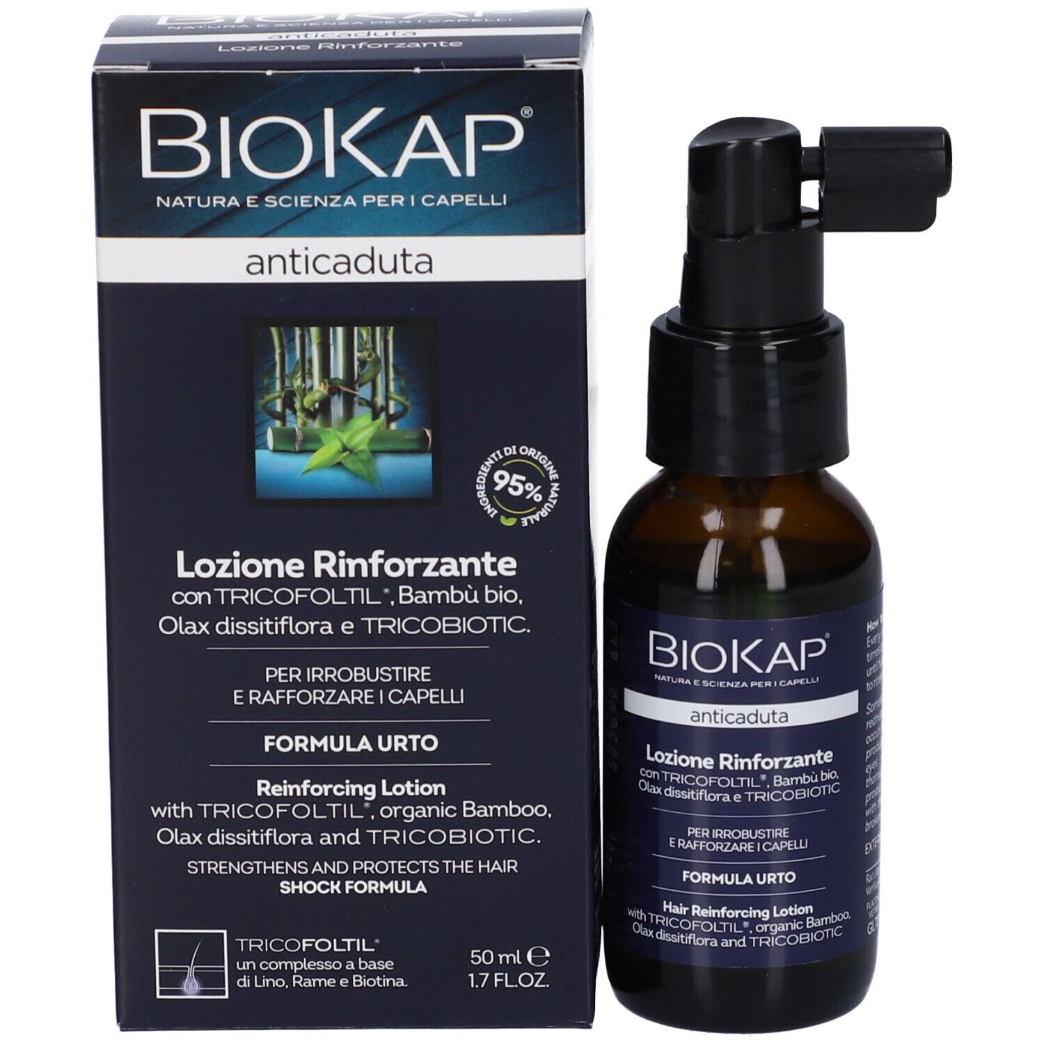 BioKap "anticaduta" Lozione Rinforzante con TRICOFOlTIL, Bambù bio, Olax dissitiflora e Tricobiotic. 50 ml.