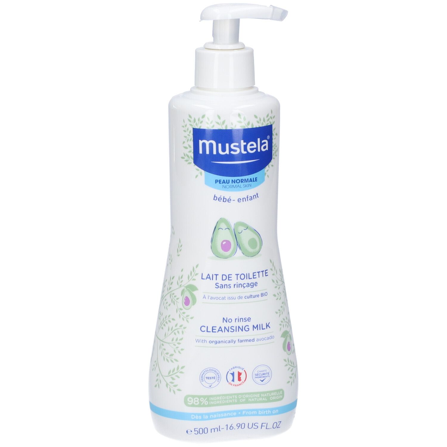 Mustela Reinigungsmilch mit Pumpverschluss, 500 ml. Weiße Flasche mit Avocado-Motiv und Pflanzenmuster.