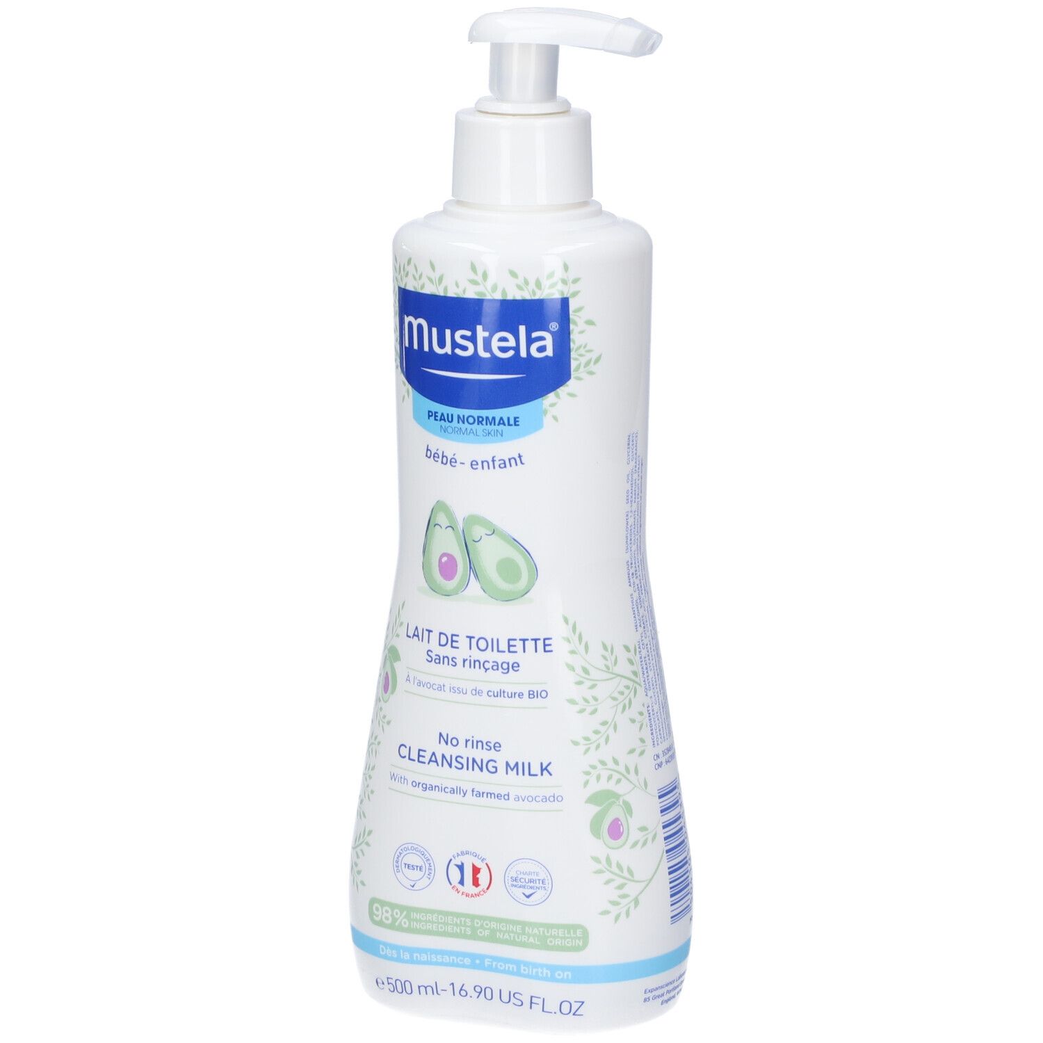 Mustela Reinigungsmilch mit Avocado-Extrakt in weißer Pumpspenderflasche.