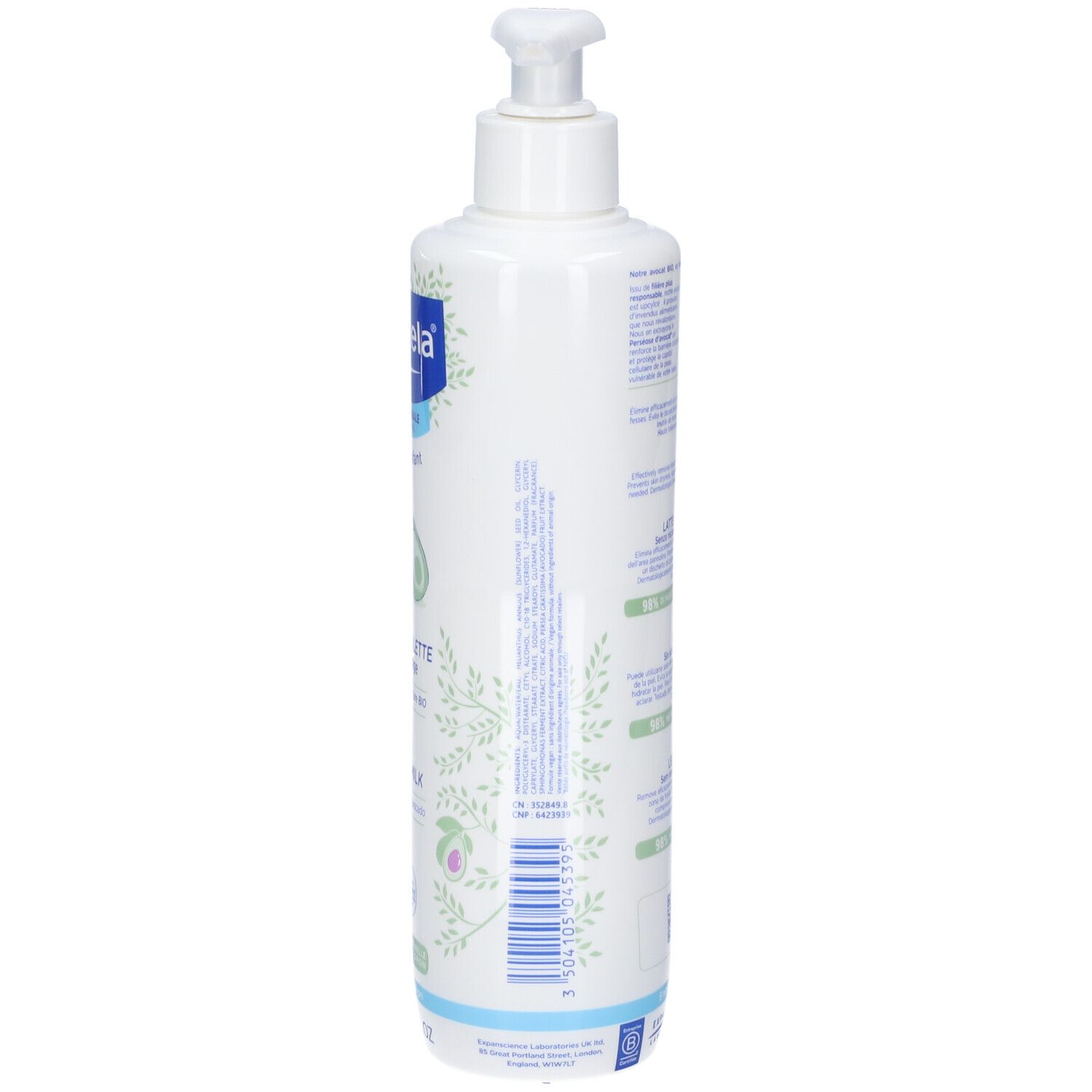 Weiße Flasche mit Pumpspender, bedruckt mit Pflanzenmotiven und Text.