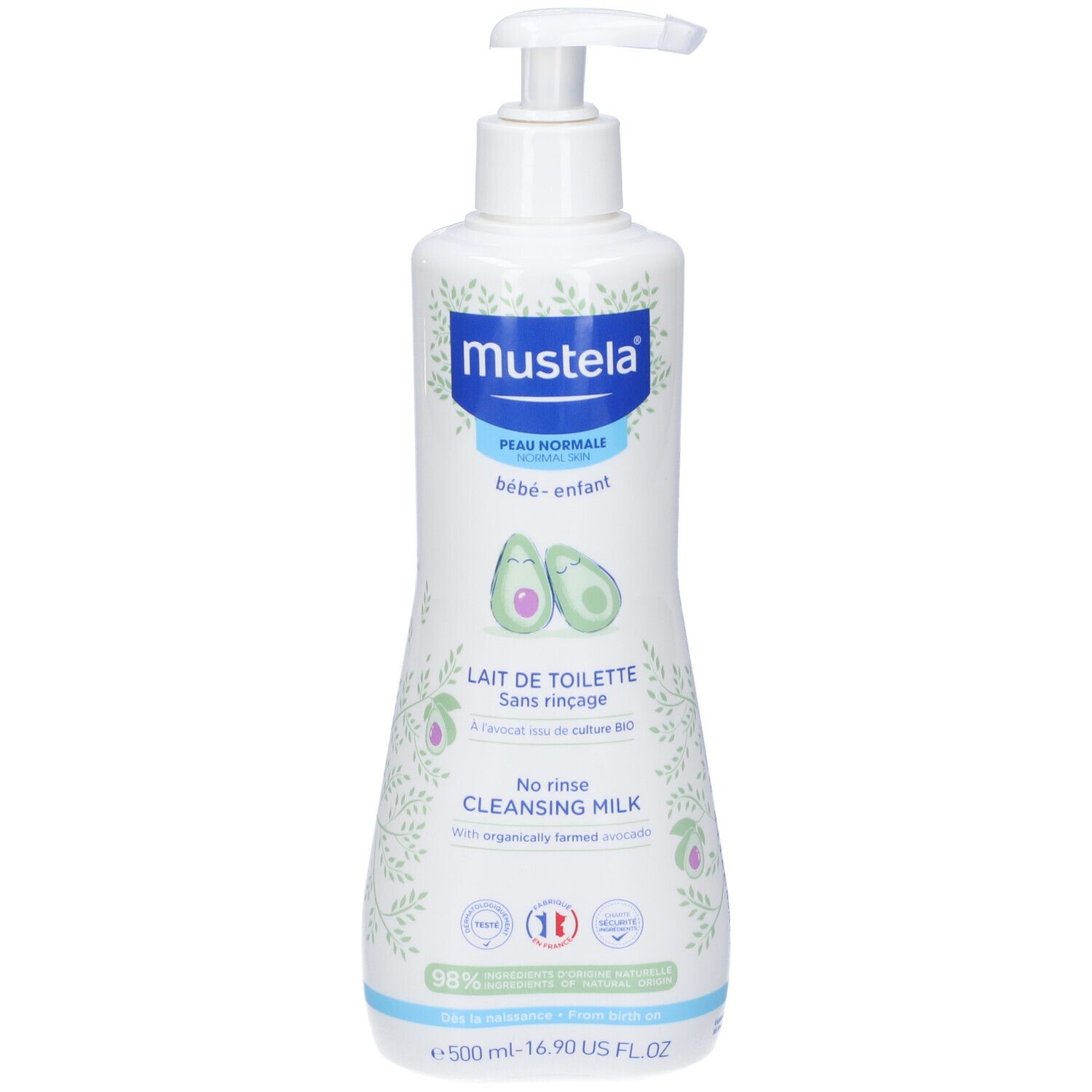 Weiße Pumpflasche mit Mustela Logo, für normale Haut, Baby und Kind. Enthält Avocados.