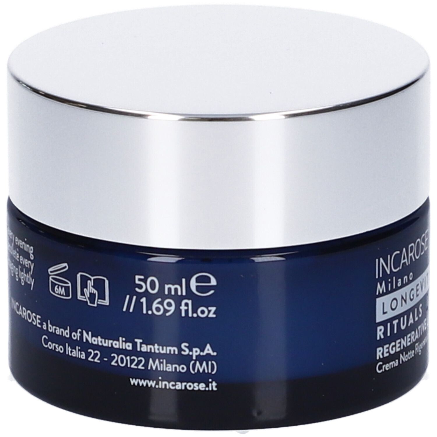 Dunkelblaue Creme-Dose mit silbernem Deckel. Aufschrift: INCAROSE Milano, LONGEVITY NIGHT RITUALS. Text und Symbole auf der Seite. 50 ml.