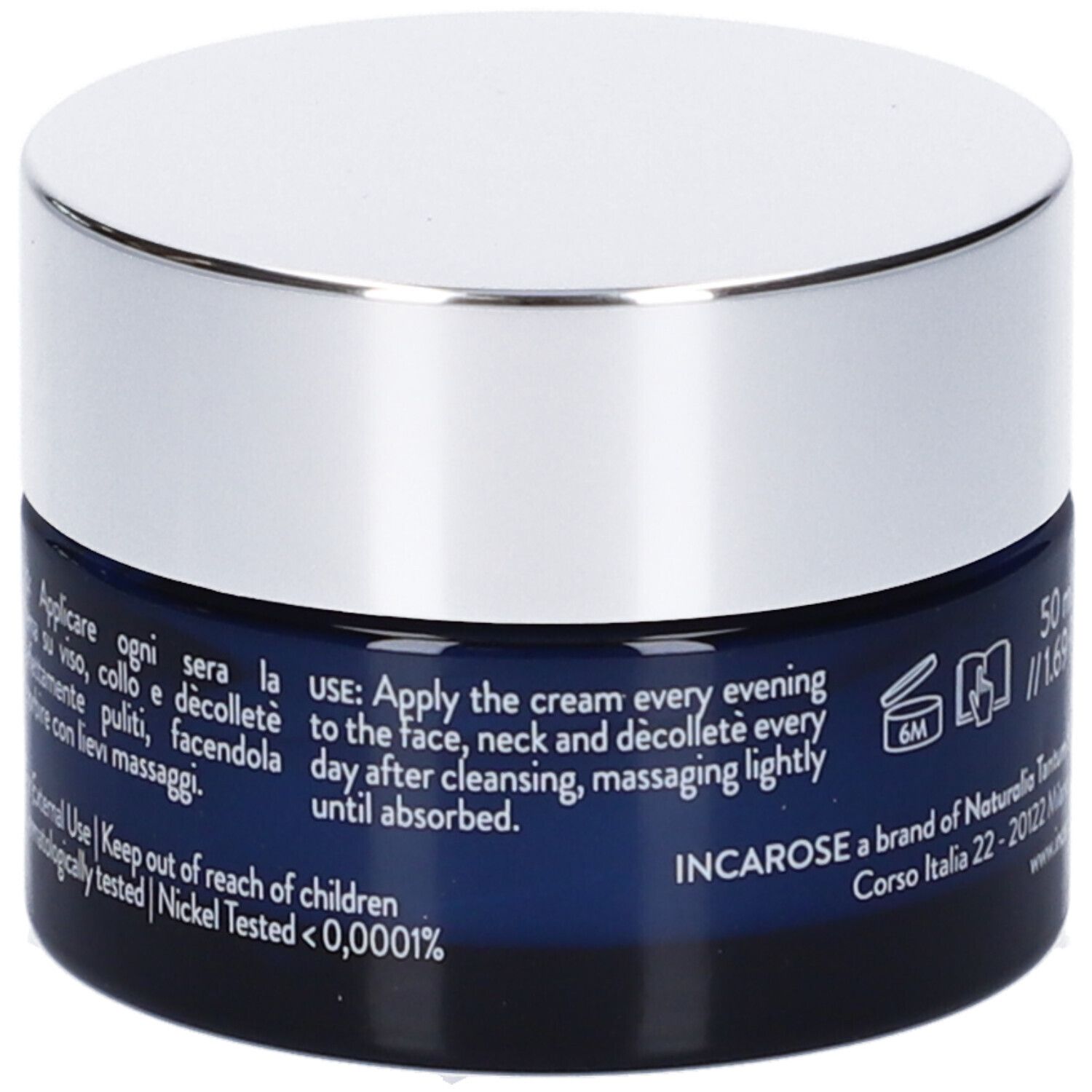 Dunkelblaue Creme-Dose mit silbernem Deckel. Aufschrift: INCAROSE Milano, LONGEVITY NIGHT RITUALS. Text und Symbole auf der Seite. Dermatologisch getestet.