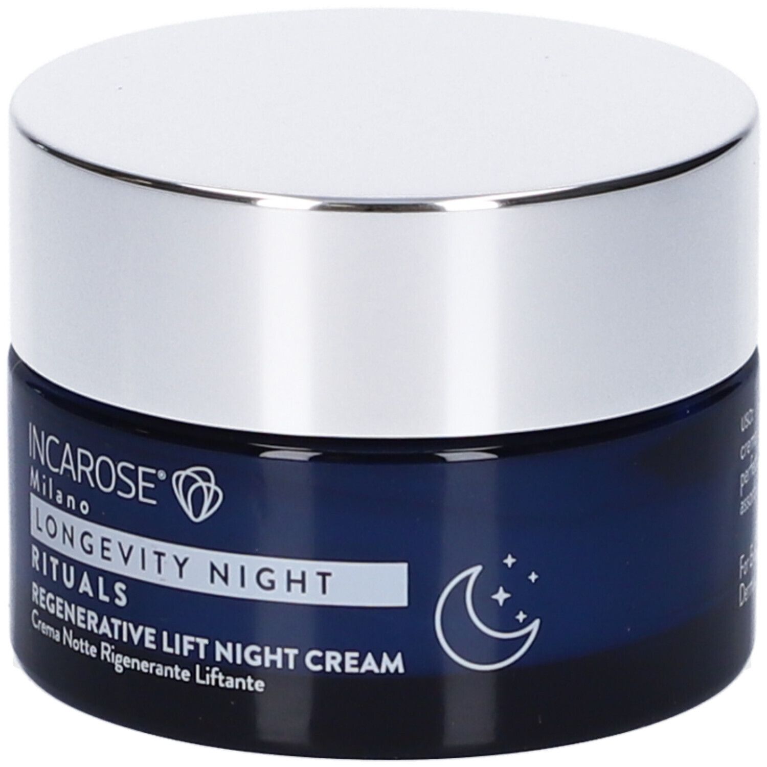 Dunkelblaue Creme-Dose mit silbernem Deckel. Aufschrift: INCAROSE Milano, LONGEVITY NIGHT RITUALS, Regenerative Lift Night Cream. Mond- und Stern-Symbol.