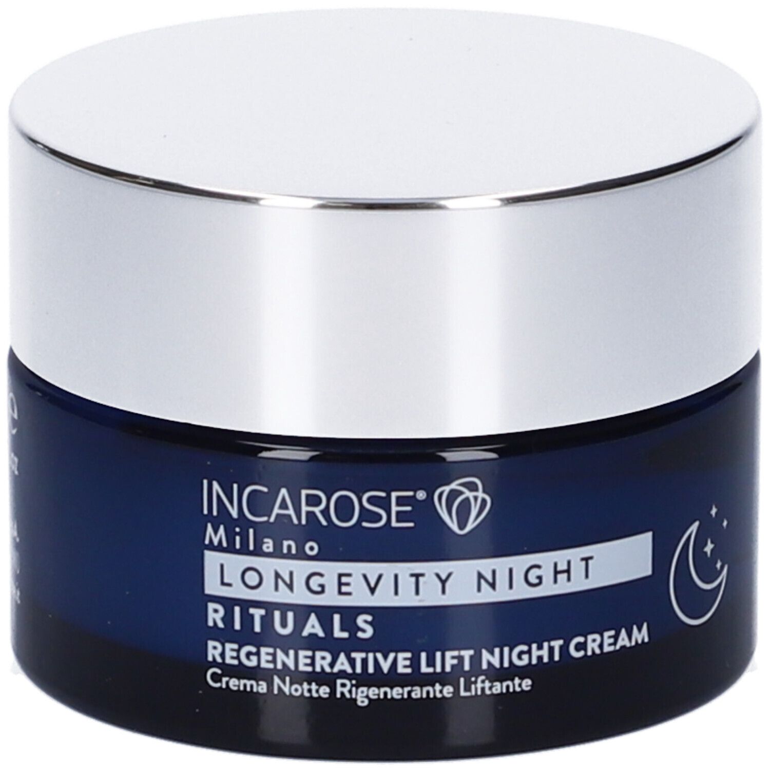 Dunkelblaue Creme-Dose mit silbernem Deckel. Aufschrift: INCAROSE Milano, LONGEVITY NIGHT RITUALS, Regenerative Lift Night Cream. Mond- und Stern-Symbol.