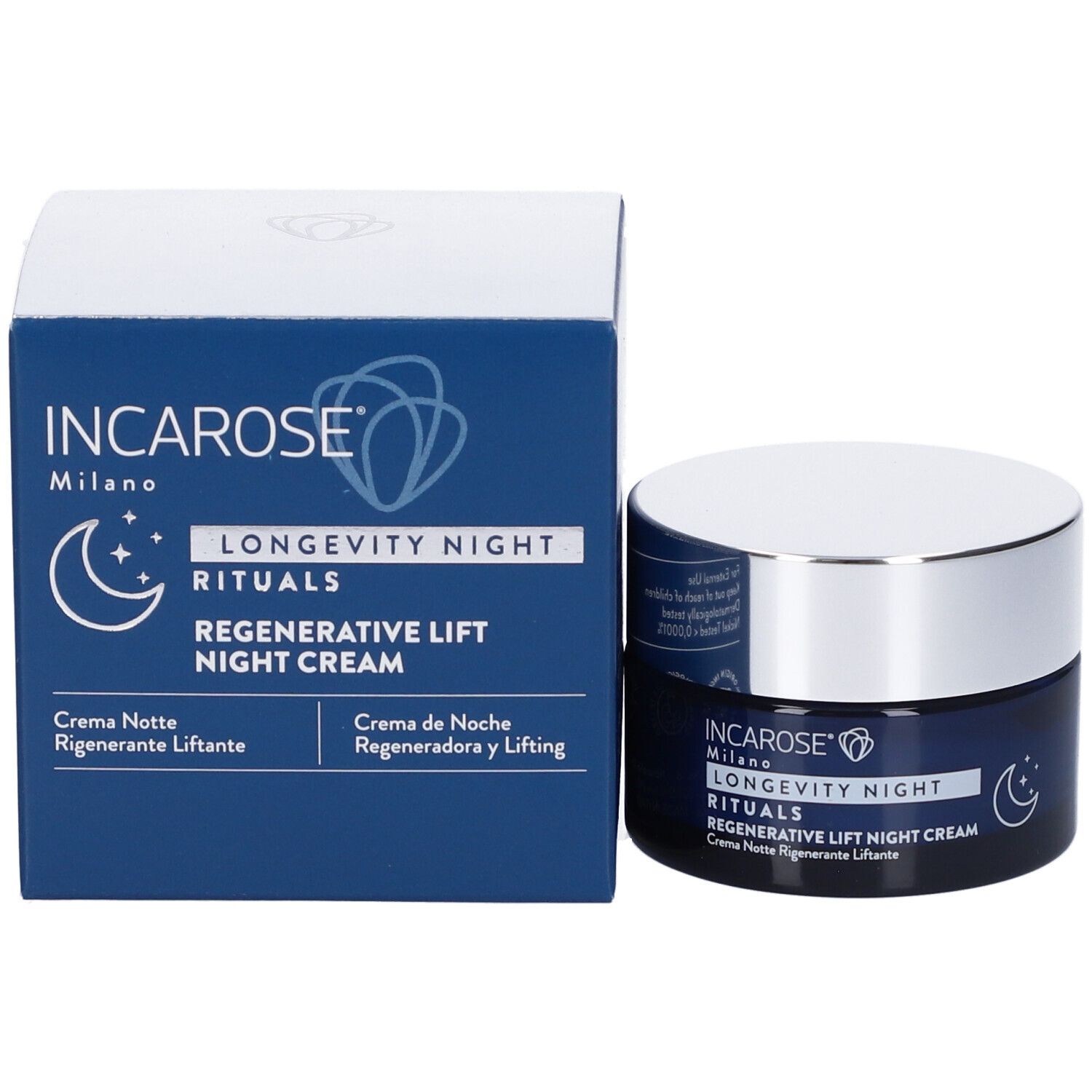 Dunkelblaue Schachtel und Creme-Dose. Aufschrift: INCAROSE Milano, LONGEVITY NIGHT RITUALS, Regenerative Lift Night Cream. Mond- und Stern-Symbol.